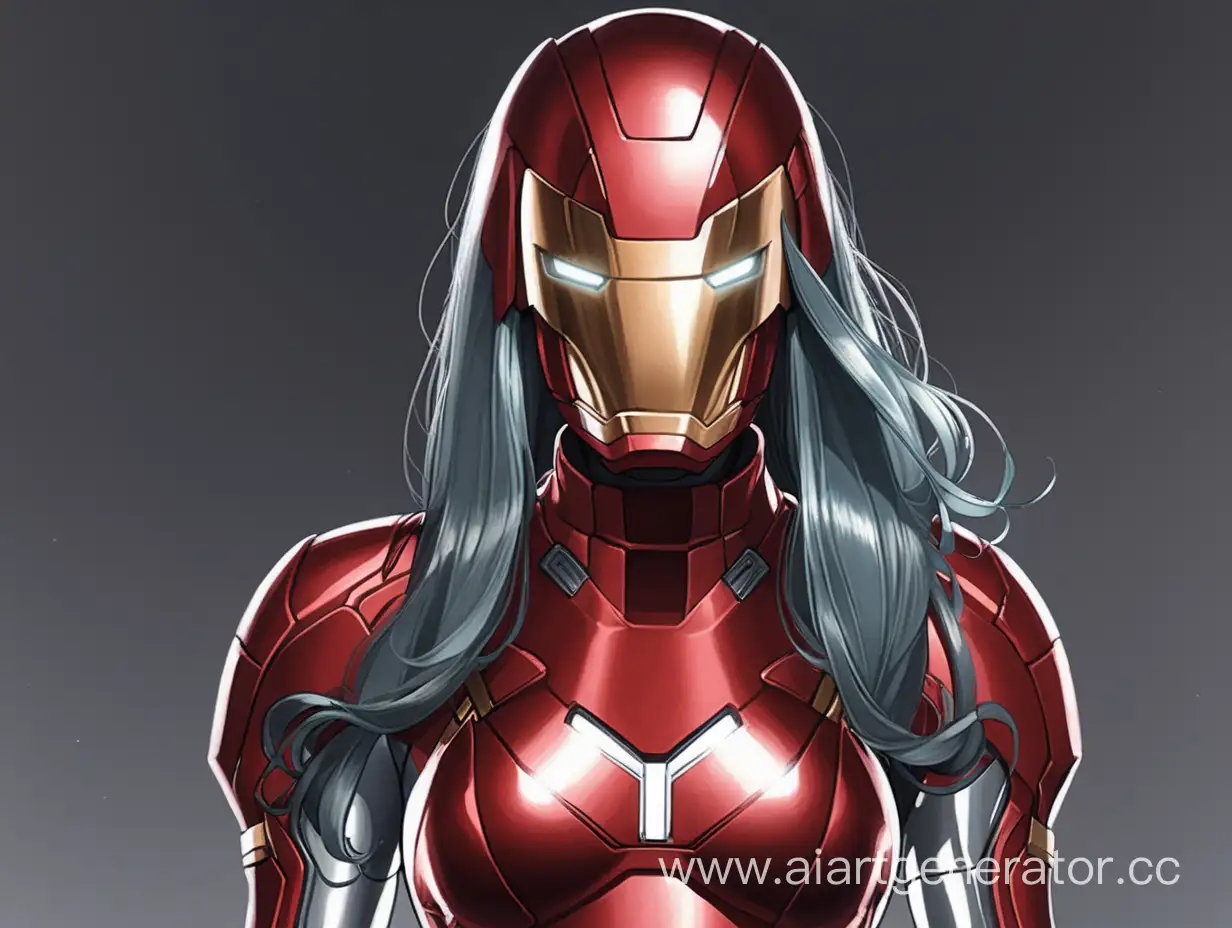 iron girl marvel в закрытом шлеме с длинными волосами
