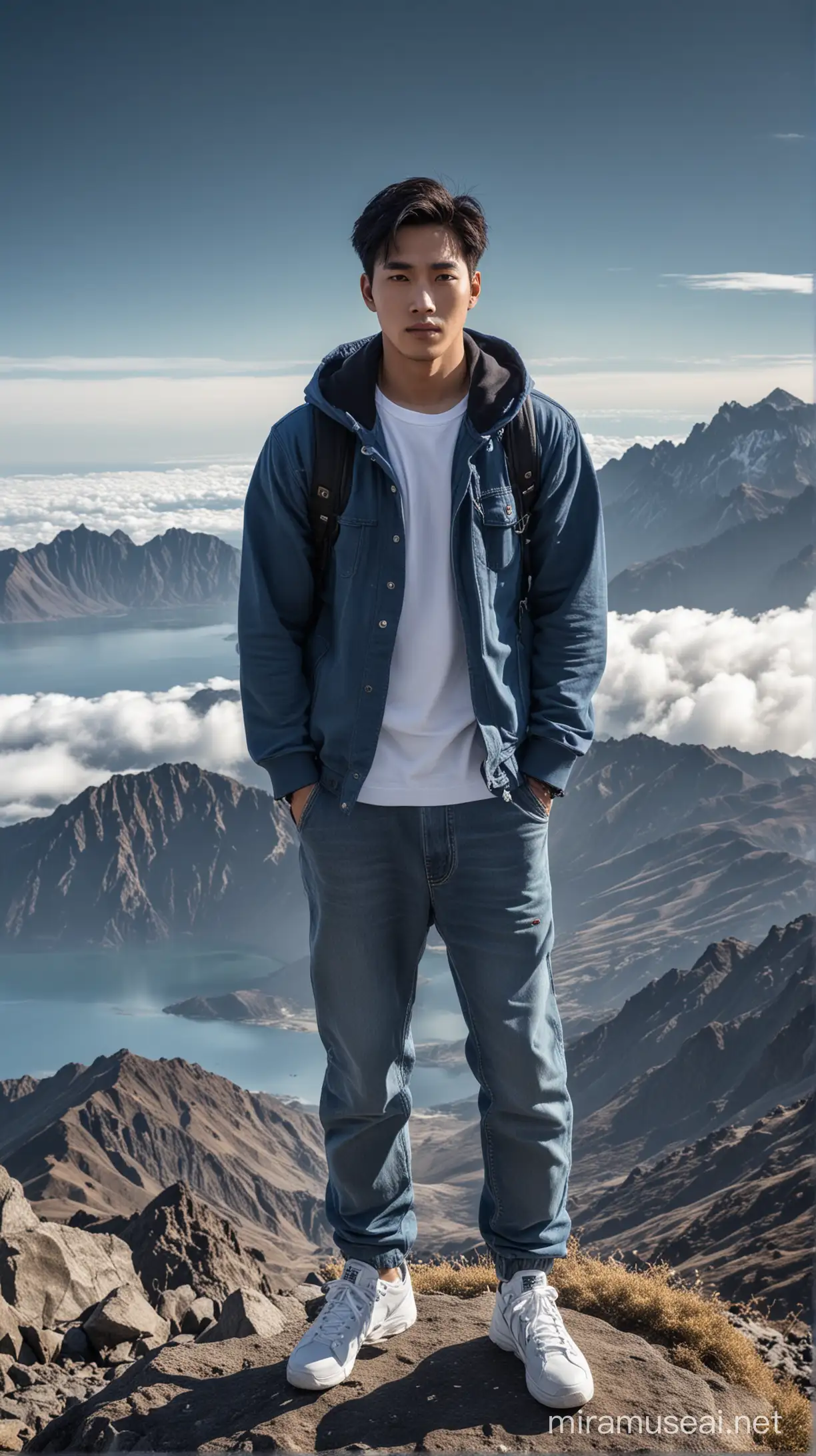 Handsome Korean Man in Hoodie Jacket Standing at Mount Rinjani Peak with Stunning Sea of Clouds View