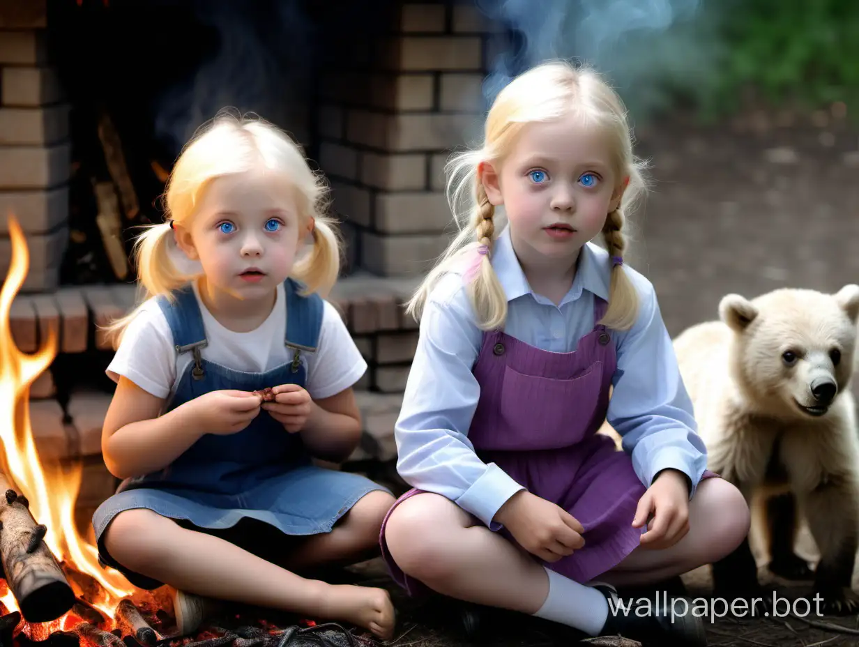 4-year-old blonde girl with big blue eyes, pigtails, and rosy cheeks and 11-year-old pale, blonde boy with blue-violet eyes and pale complexion and thin face sit by a fire roasting meat, little girl sees 3 lost bear cubs