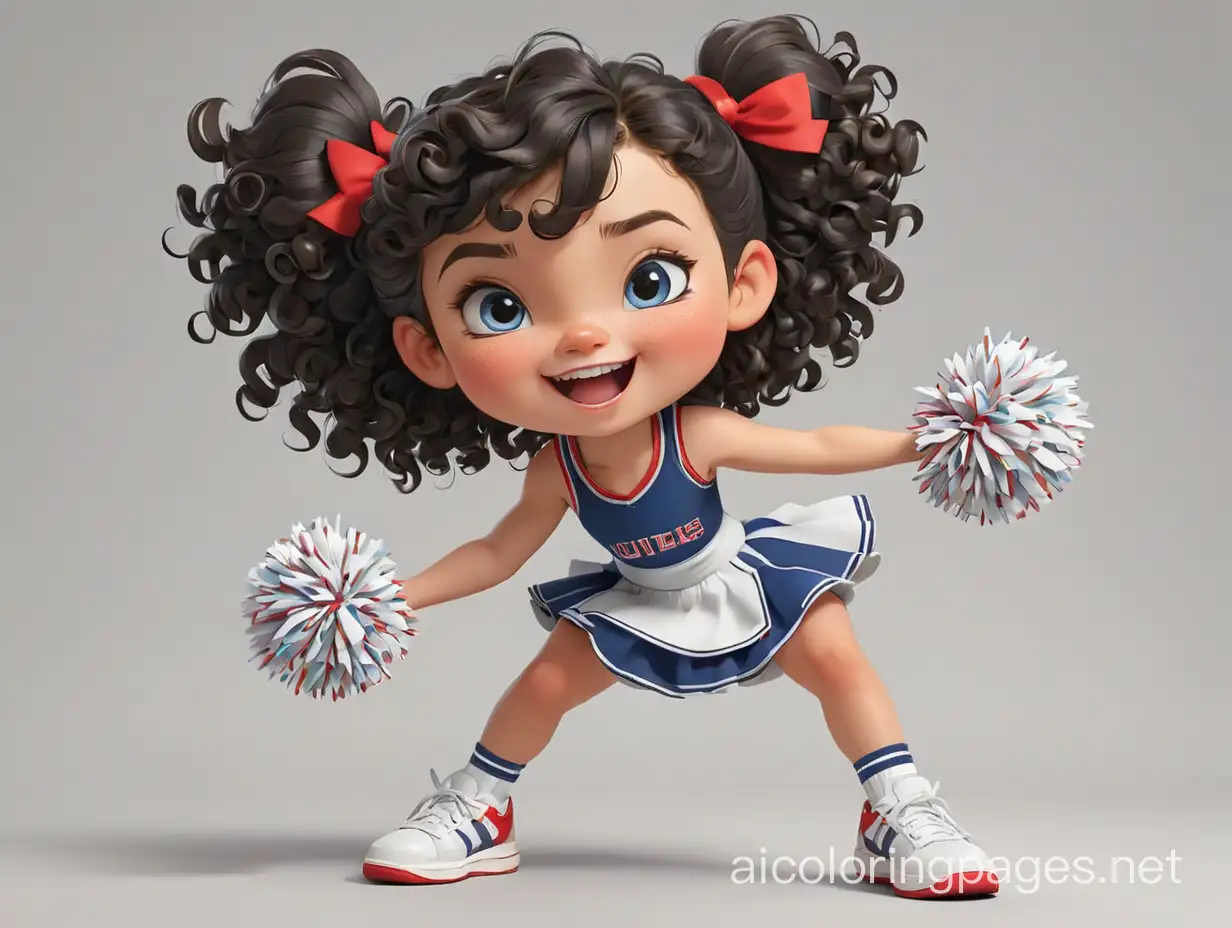 One Cute happy little girl cheerleader standing with red and black uniform white tennis shoes black curly hair red bows big blue eyes winking  transparent background , Coloring Page, black and white, line art, white background, Simplicity, Ample White Space. The background of the coloring page is plain white to make it easy for young children to color within the lines. The outlines of all the subjects are easy to distinguish, making it simple for kids to color without too much difficulty
