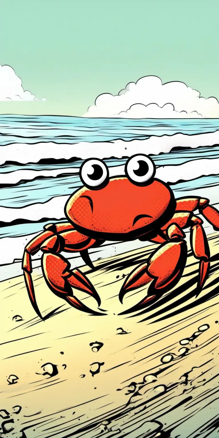 Playful Beach Scene with a Sweet Crab in Comic Style
