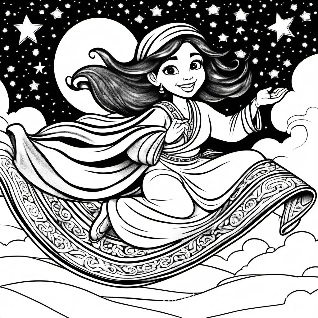 Jasmine riding on a magic carpet with a joyful expression, while the night sky twinkles above., Coloring Page, black and white, line art, white background, Simplicity, Ample White Space. The background of the coloring page is plain white to make it easy for young children to color within the lines. The outlines of all the subjects are easy to distinguish, making it simple for kids to color without too much difficulty