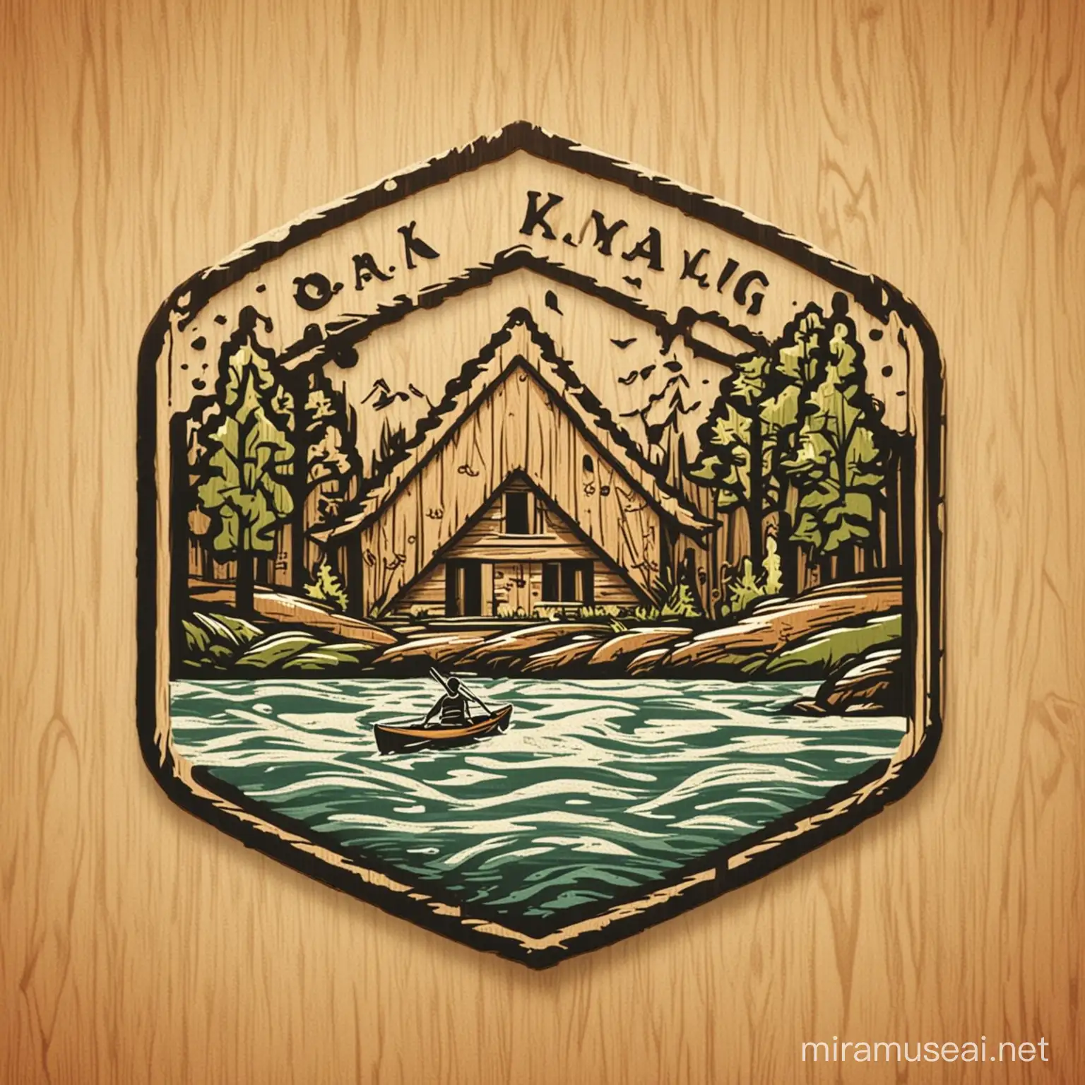logo, icon river family kayaking, river ornament in the form of a rectangle, oak forest, hut house far away
