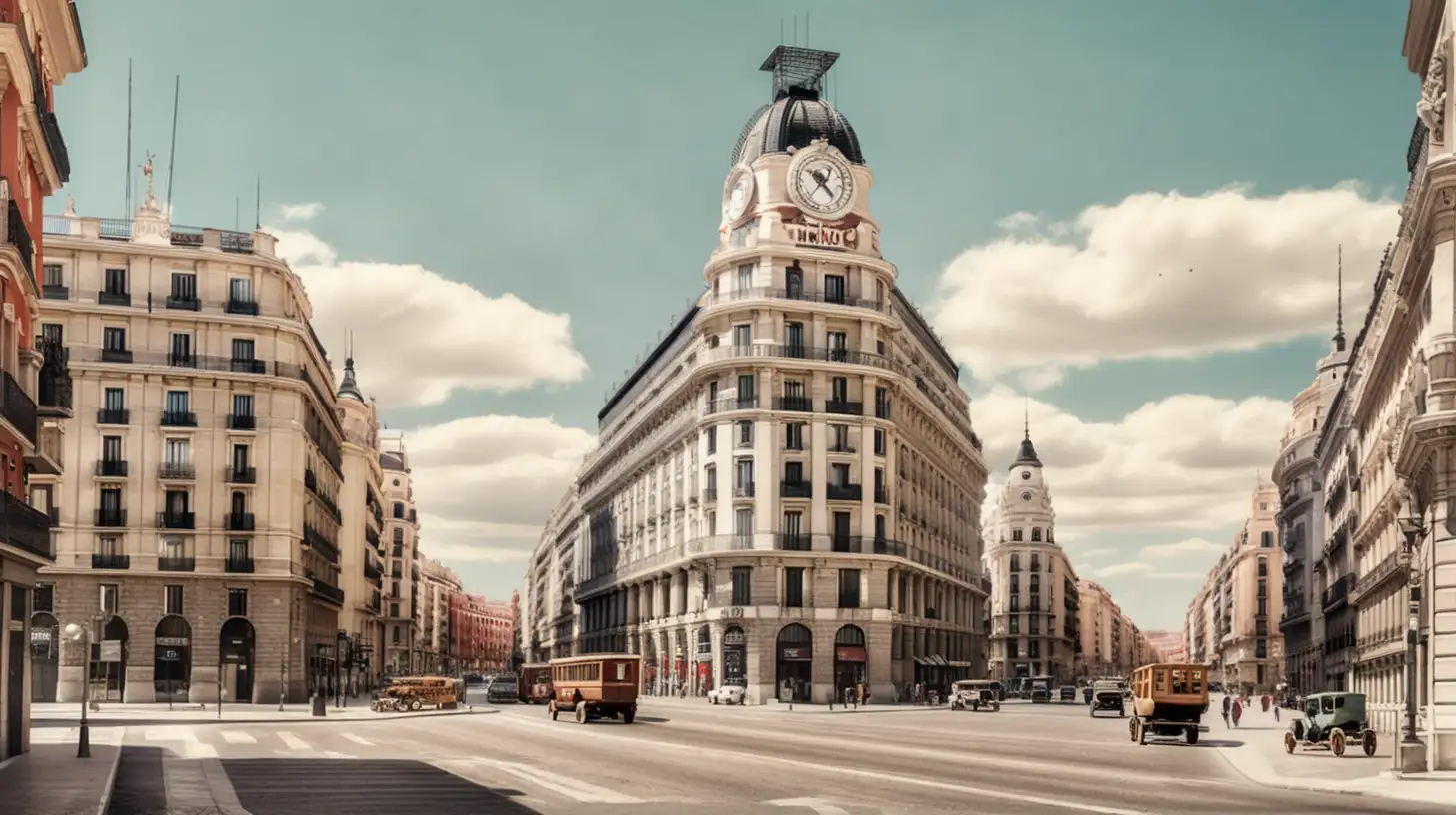 Madrid in 1914, realistic buildings, vintage style, retro look,