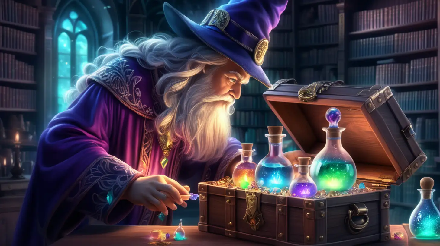 a magical wizard searching through a treasure box of floating-glowing potion bottles with iridescent glow, fairytale, magical, library 8K.