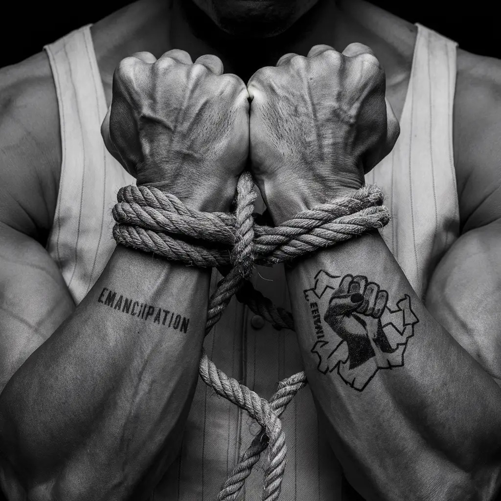 create an close up image African American male slave from 1800,with  hands bonded together looking his hanging from something high with rope around wrist with forearms showing facing inward with tattoos on each for forearms that show veins from hard work, with the word emancipation one forearm and black power fist with broke chains on the forearm, image should just show hands and forearms