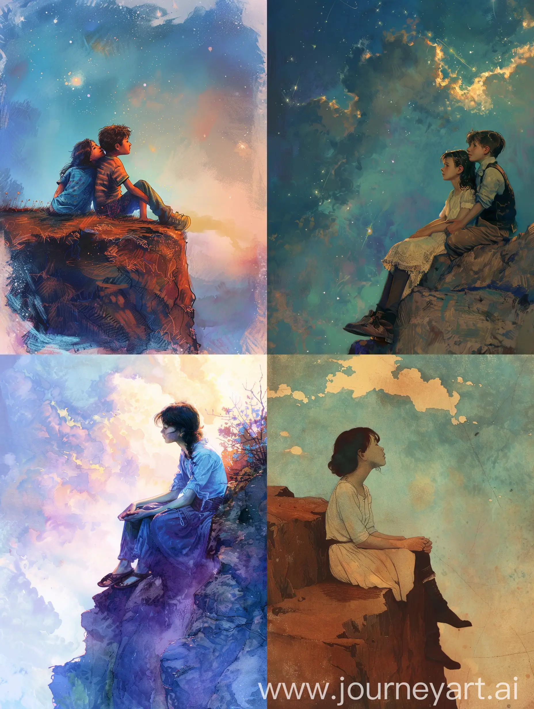 A girl sitting with a boy on a cliff edge, looking at the sky with her head on the lap of the boy