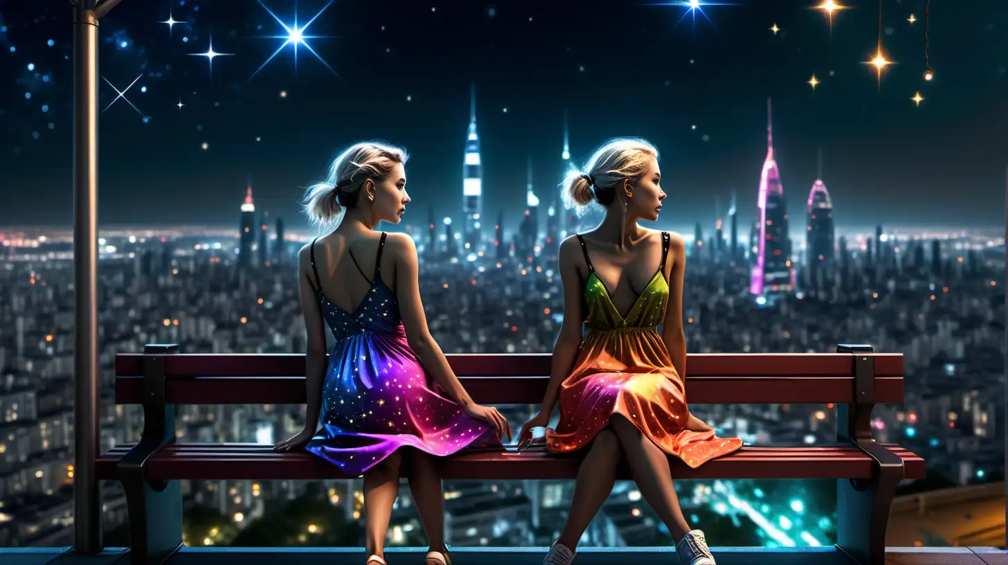 ultra-realistic high resolution and highly detailed photo a futuristic city full of lights at night, the sly is full of stars, there are 2 human females, wearing a colourful thin open top summer dress, sitting on a bench in the evening
