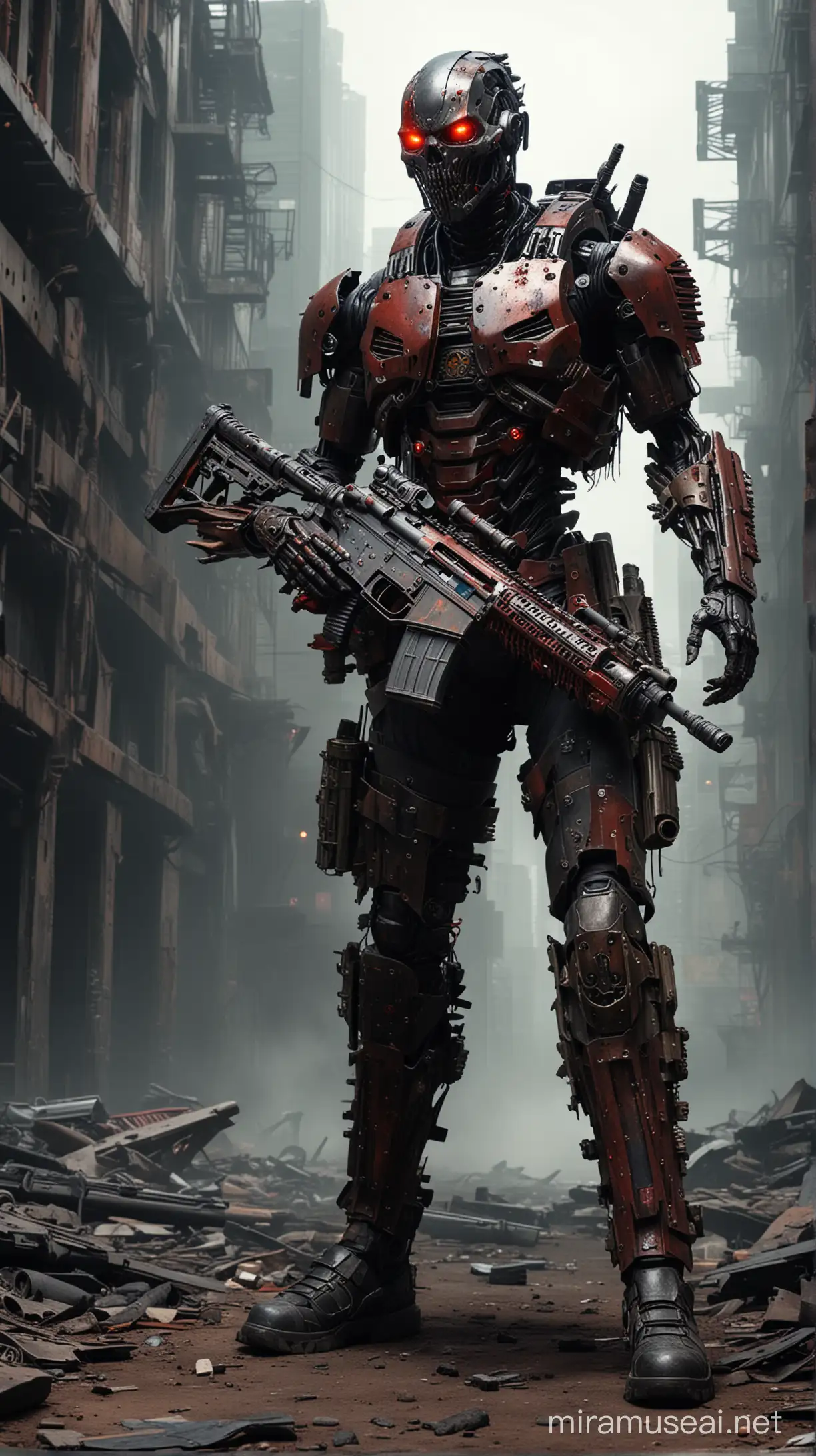 A cybernetically enhanced cyborg zombie with rusted and worn black and red armour holding an AR 15 assault rifle emerges from the shadows in a dark post-apocalyptic cityscape.