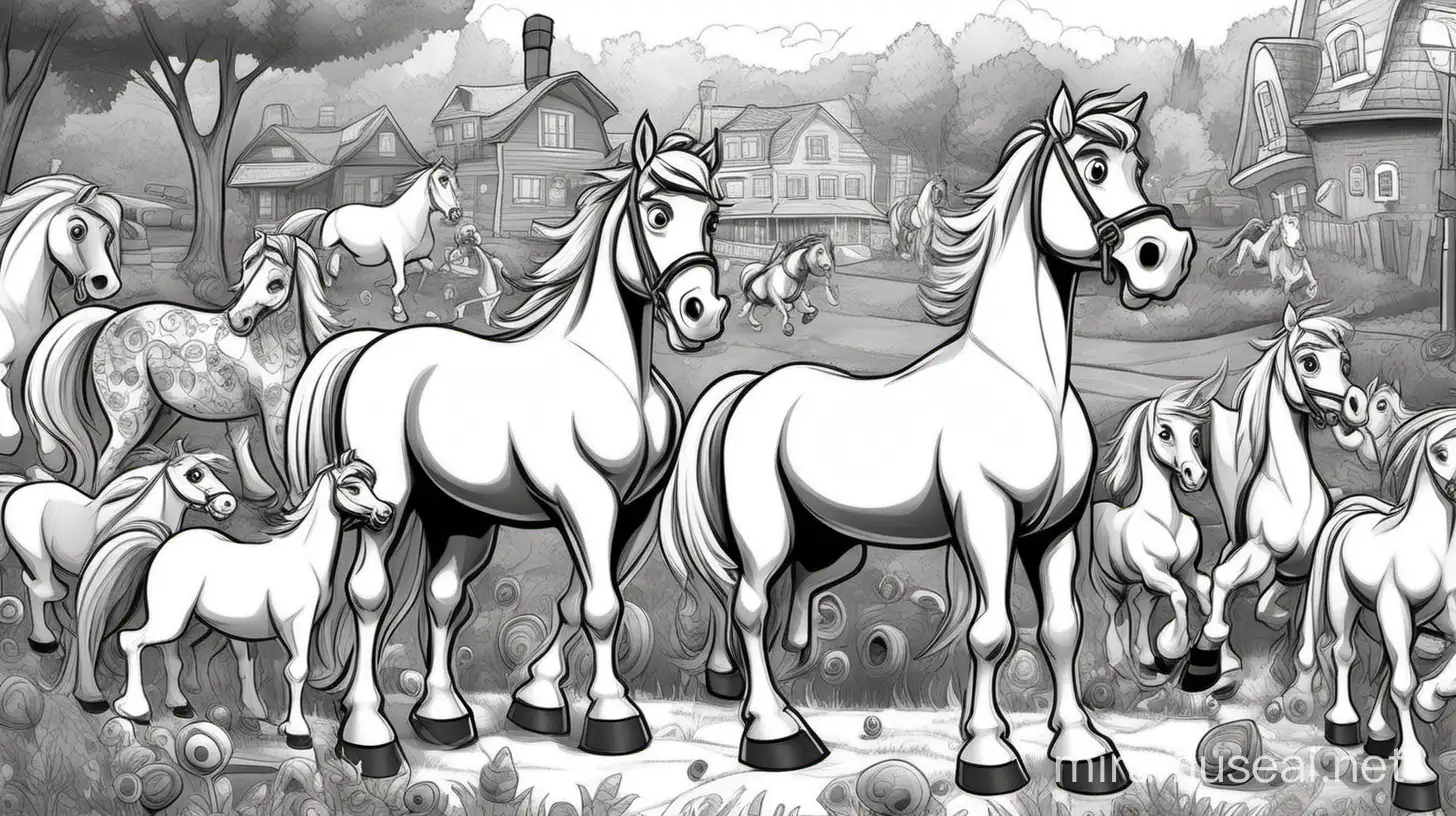 PixarStyle Kids Hidden Object Book Featuring 50 Cute Cartoon Horses in Simple Black and White