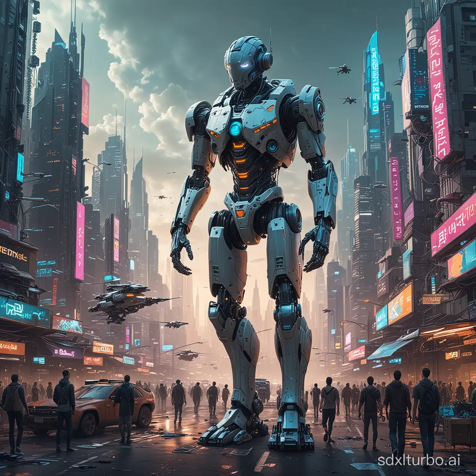 in this cyberpunk-style artwork, we can see a futuristic city full of technology. Skyscrapers and neon lights make up the basic outline of the city. Drones and aircraft dart through the sky, forming a busy transportation scene. <in the center of the image, we can see a group of robots and humans coexisting peacefully. The robots' appearances vary, some have four limbs and a torso like humans, some are weirdly designed. They work and live with humans, with no obvious boundaries between them. <on the streets, people wear fashionable cyberpunk-style clothing, walking side by side with robots. Some people wear virtual reality glasses, immersed in the virtual world; others interact with robots, completing tasks together. <here, the relationship between humans and robots is no longer opposition and rejection, but mutual dependence and coexistence. <in the corner of the image, there is a robot repair shop. Inside, robots and human technicians work together to repair and upgrade robots. This indicates that in this world, robots have become an indispensable part of human life, and people have gotten used to living with robots. <in the distant sky, a giant billboard in the sky displays the words 'coexistence of robots and humans', emphasizing this theme. The entire image is filled with the atmosphere of future technology, presenting a harmonious world of robots and humans living together. <in summary, this cyberpunk-style artwork displays a future world full of technology, where robots and humans coexist peacefully and create a good life together.>