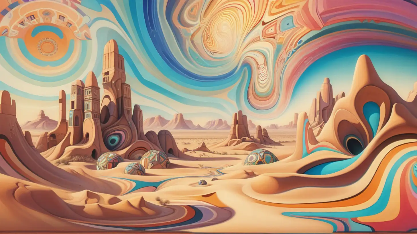 Psychedelic Mirage Swirling Patterns and Geometric Shapes in Desert Setting