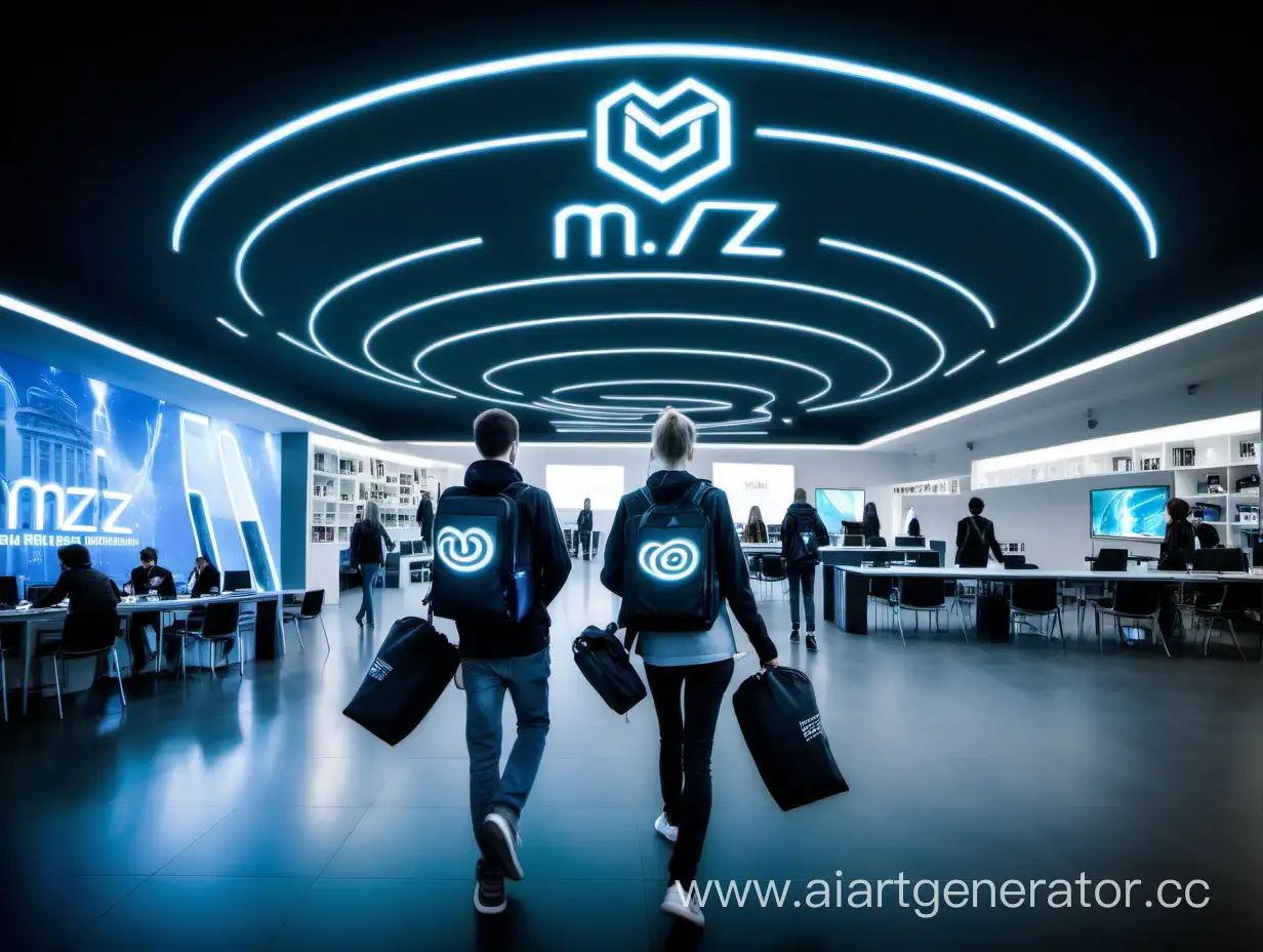 leuchtendes MZ über Logo dem medienzentrum in wien, futuristisch, jugendliche laufen mit equipment-taschen herum