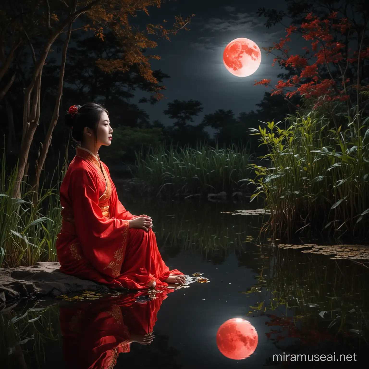 Serene Chinese Woman in Red by Moonlit Pond