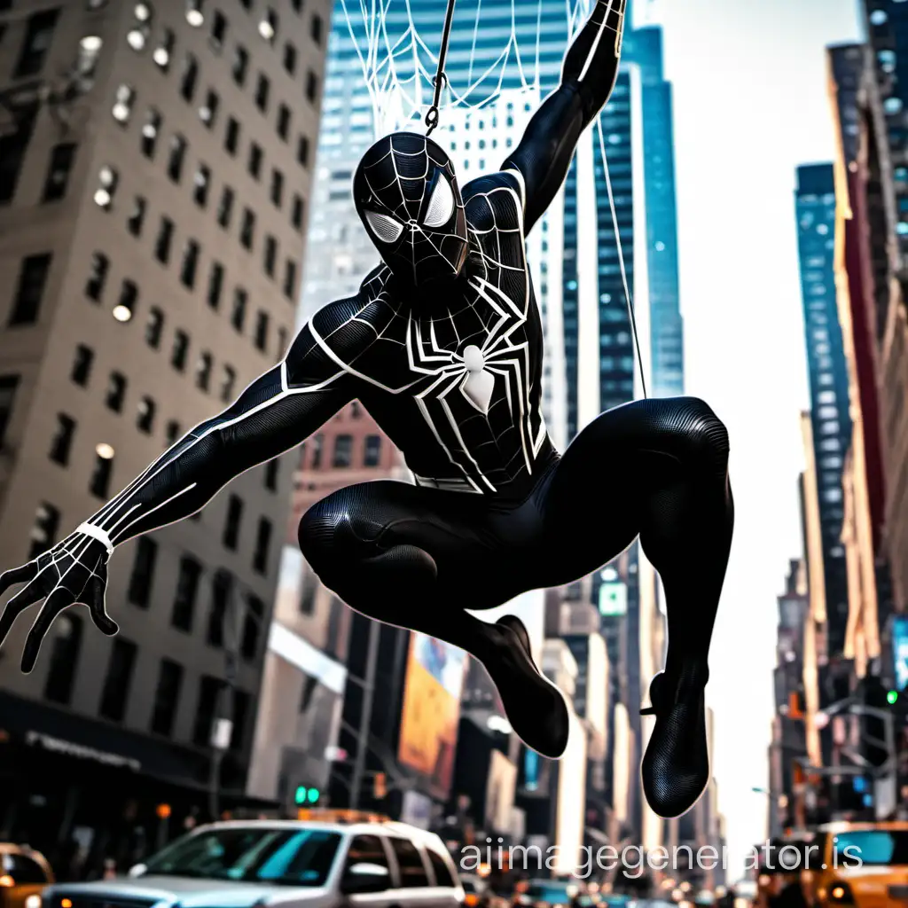Black costume spider-man, swinging through New York, lots of web around him
