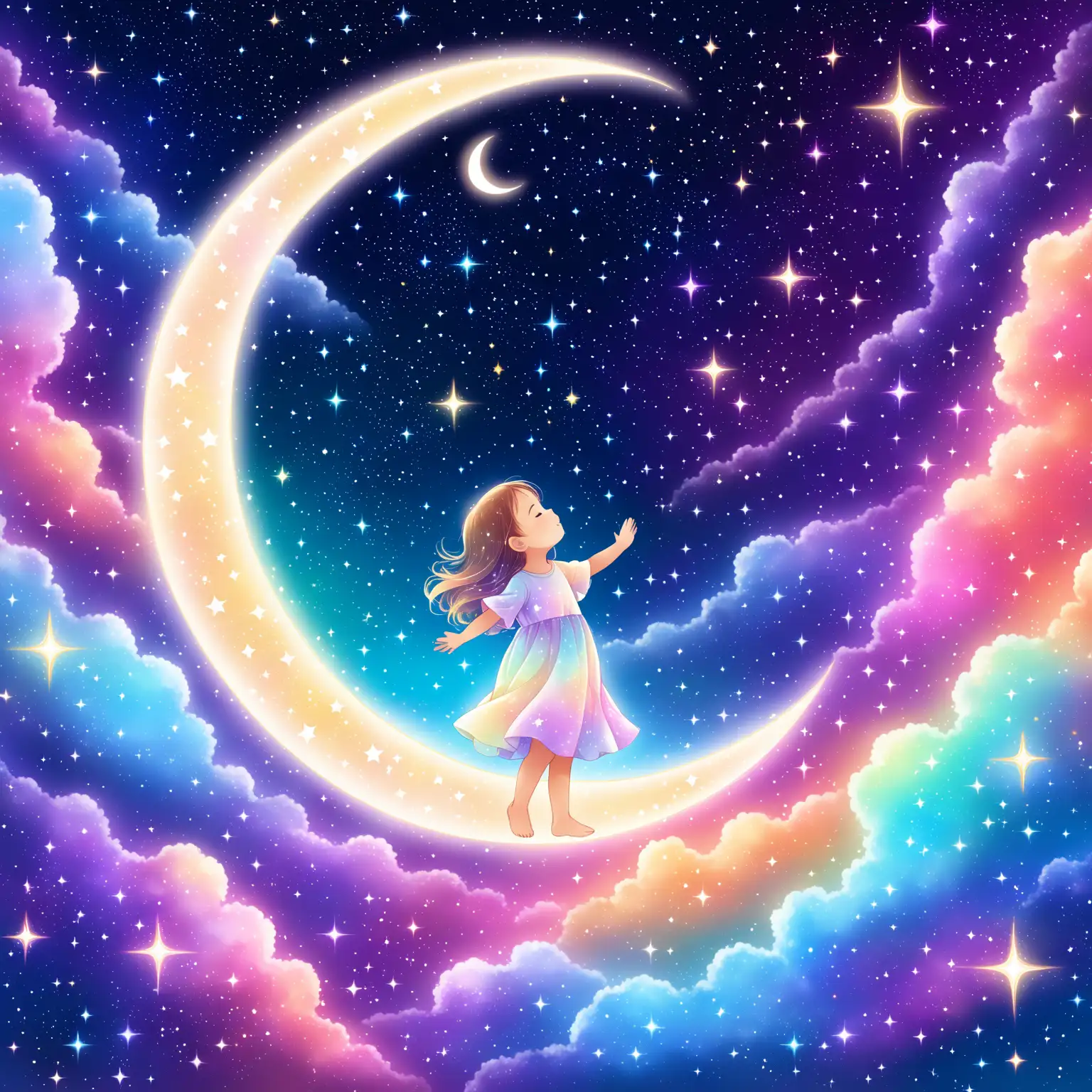 Child Gazing at Colorful Celestial Dreams Nebula Clouds and Crescent Moon