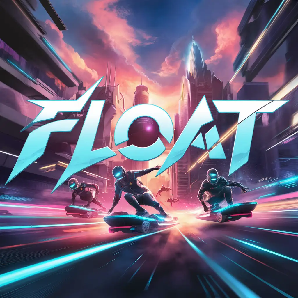 FUTURE SCI FI CYBERPUNK HOVERBOARD RACING VIDEO GAME LOGO COVER ART WITH THE LETTERS "FLOAT" ACROSS GAME COVER ART