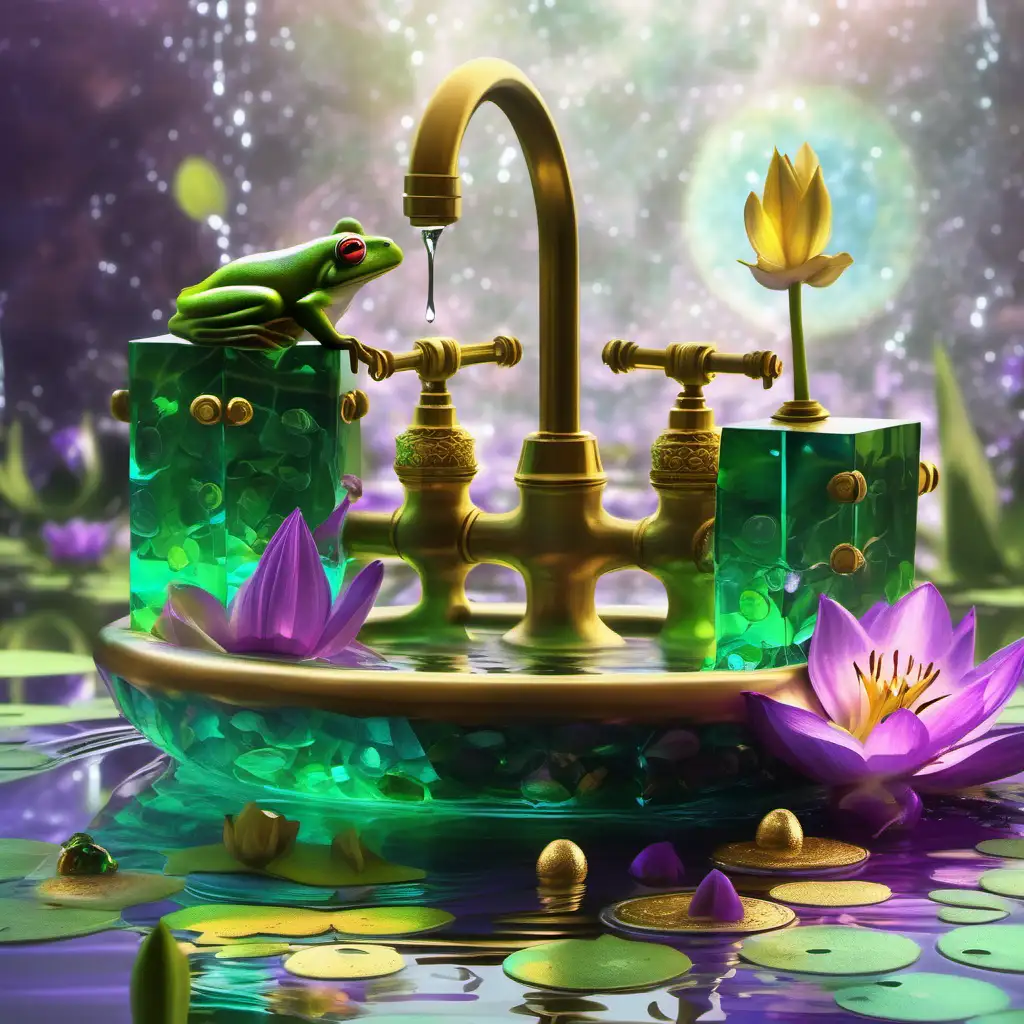 2 Frogs swimming in a pond in a sink. Dripping neon green purple crystal liquid abundance. Gold B coins. Sacred geometry sun rays. Crystal cubes. Flower cubes. Lily pads, lotus flowers. Perfect cube. Renaissance style. Simple balanced.