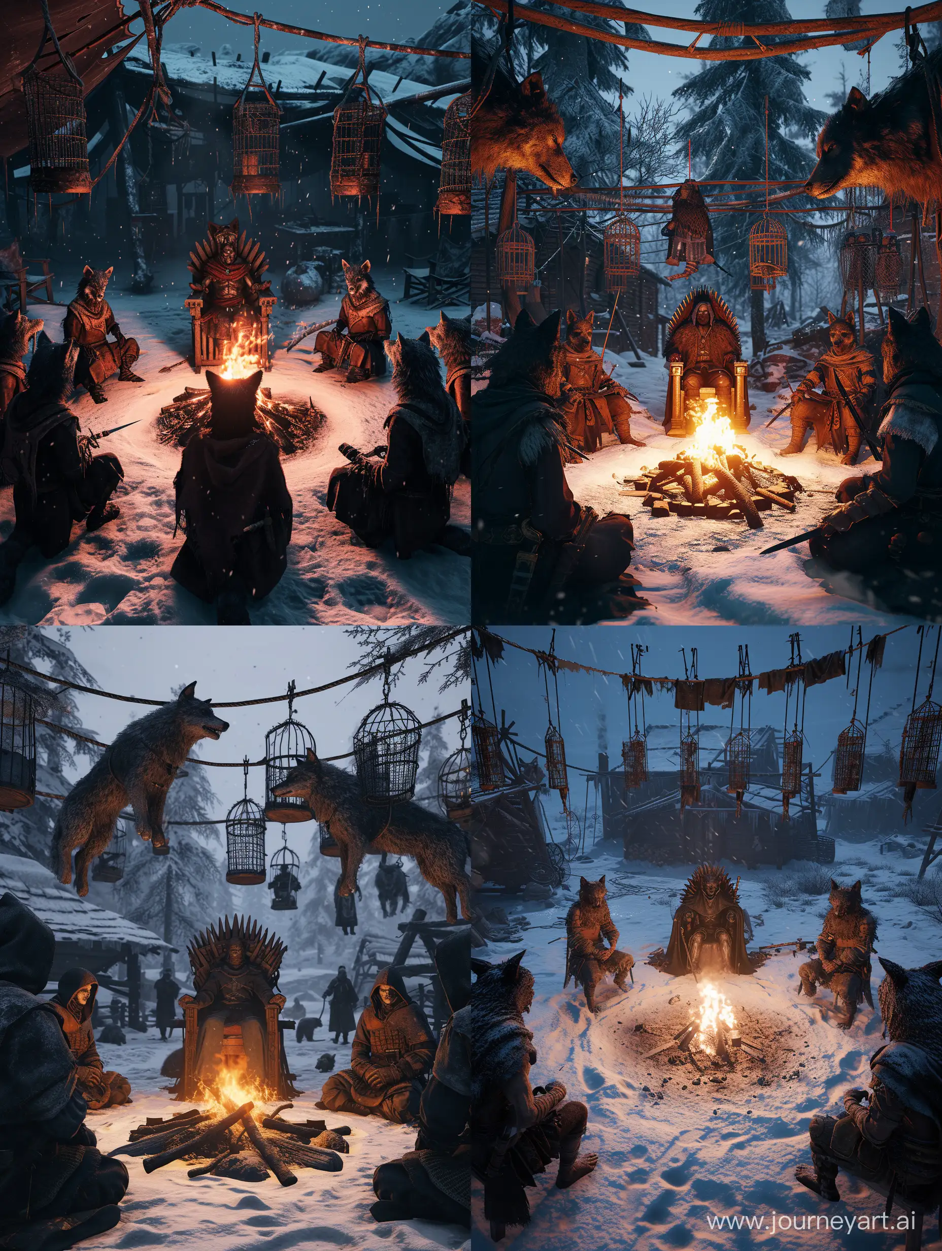 warriors with wolf's head and human body,circle around the fire,The leader of the wolves sitting on throne in the middle,in snowy horror camp,hanging Gibbet cages In the background,fierce,furious,irate,Detailed clothing,incredible detail,terrifying,Unreal engine 5.