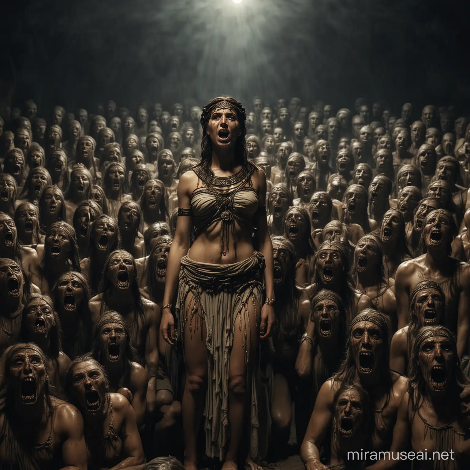 greek female hecatoncheires with fifty heads and one hundred arms cry in the underworld at night