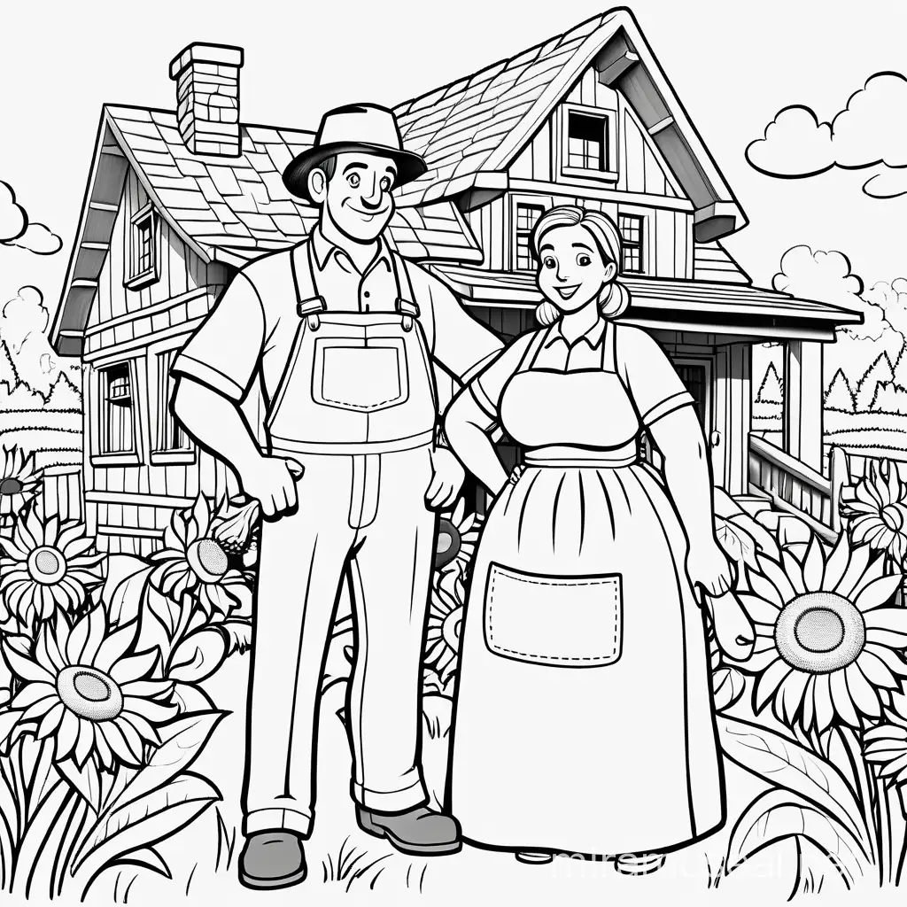coloring page of 3D cartoon of a farmer and his wife, both depicted as plump characters, standing in front of a charming log house with sunflowers