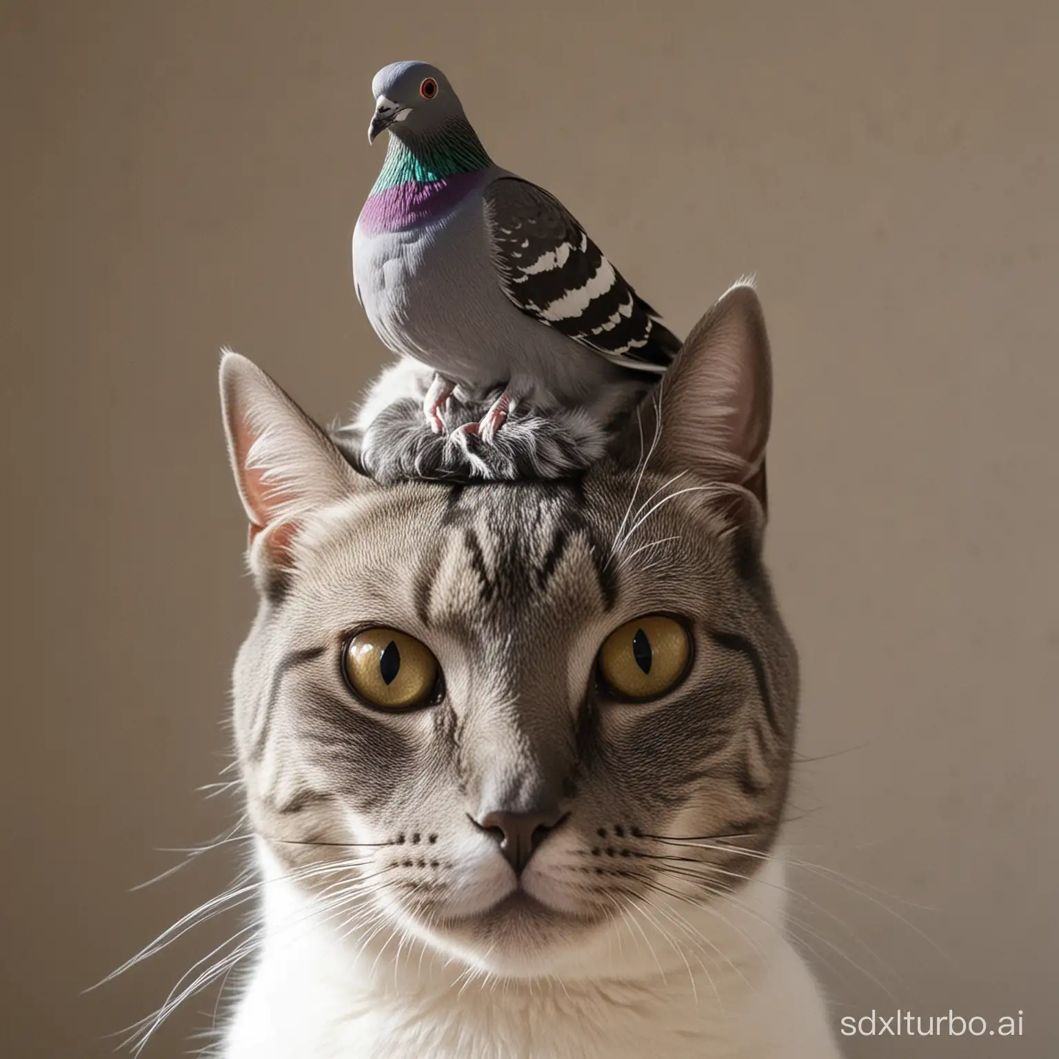photograph of pigeon on cat's head