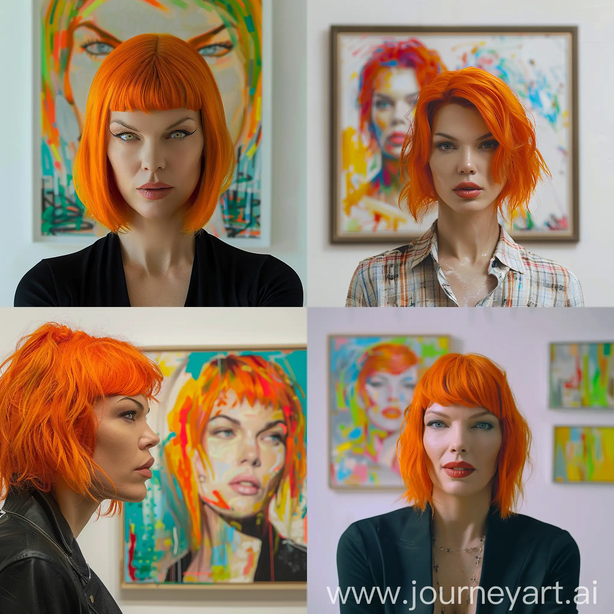 Milla Jovovich, in the role of Lilu, the heroine of the film The Fifth Element, with orange hair, looks straight at a waist-high portrait, pop art style, on a white background,painting style, expressionism, bright colors