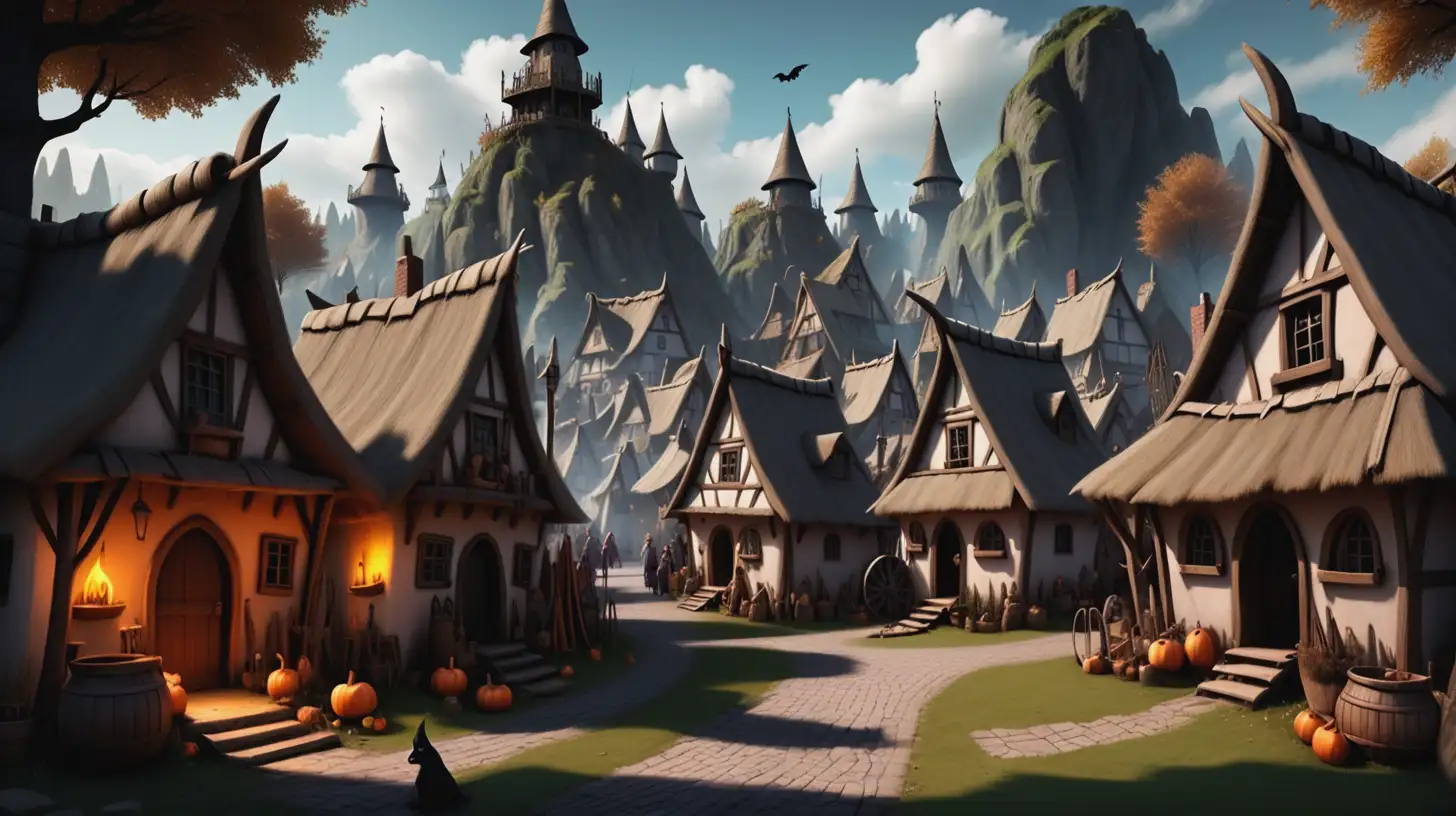 a fantasy village with witchcraft culture many civillian working 
