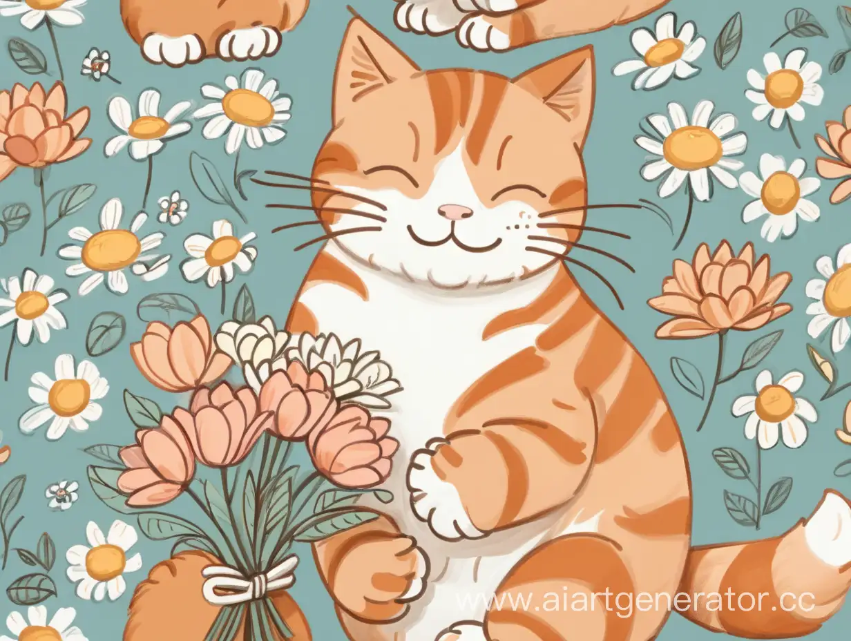 Нарисованный рыжий котик стоит и улыбается с закрытыми глазами держа цветы в лапках