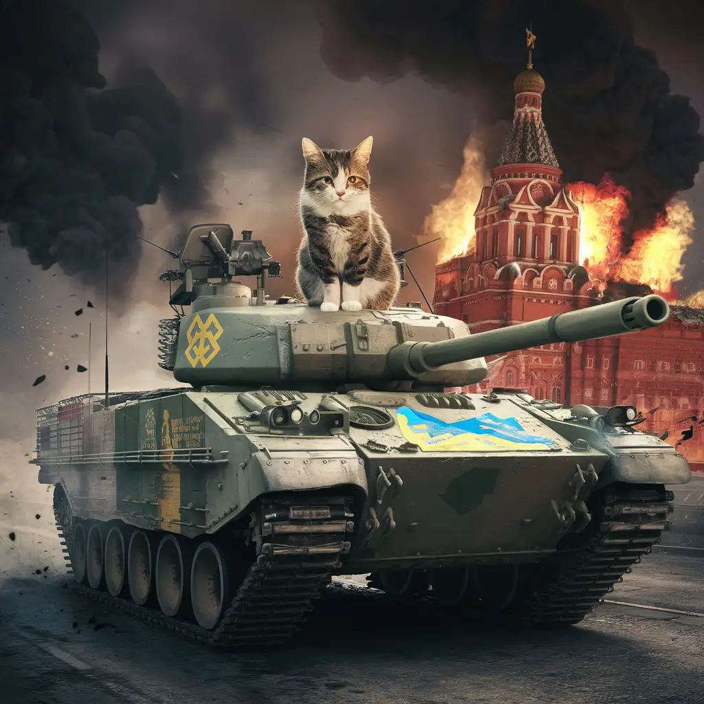 Кот сидит на танке абрамс с украинской символикой и едет на кремль который горит на заднем фоне 