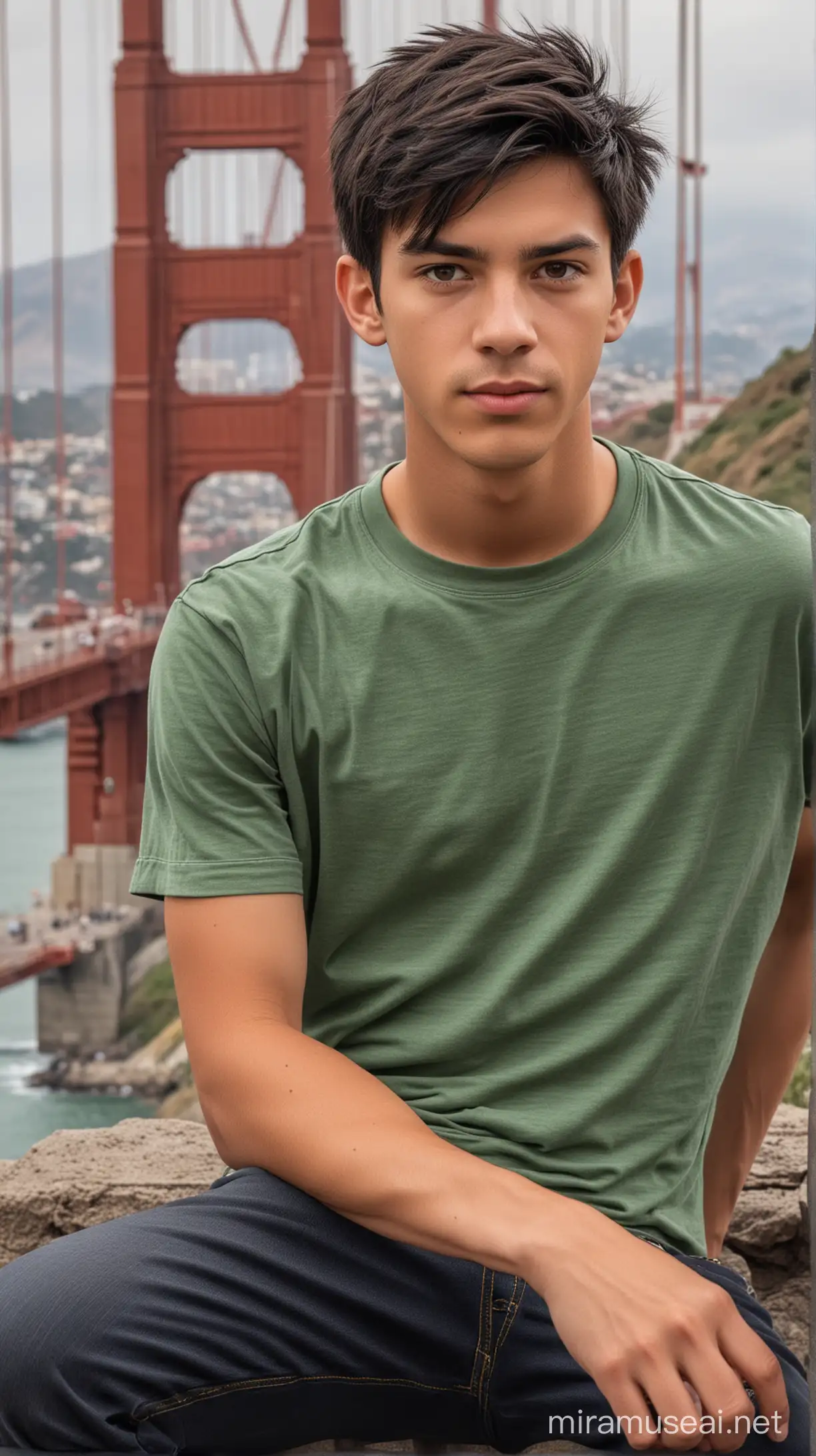 Full Body, People A Handsome man,18 years old, oval face, clean face,neat short black hair, sage green t-shirt, black jeans, Sitting in front of the Golden Gate 800mm lens, realistic, hyperrealistic, photography, professional photography, immersive photography, ultra HD, very high quality, best quality, medium quality, HDR photo, focus photo, deep focus, very detailed, original photo , original photo, very sharp, nature photo, masterpiece, award winning, taken with hasselblad x2d