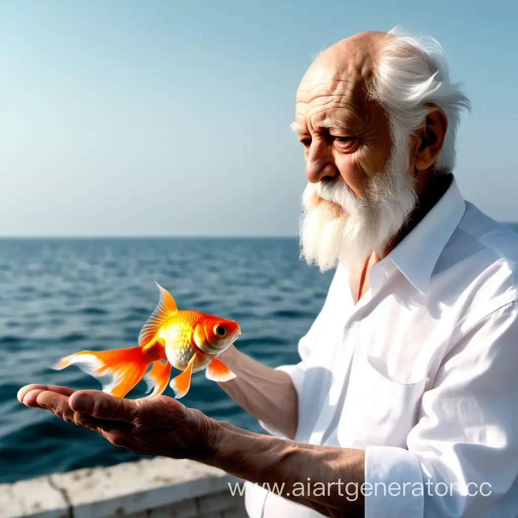 Elderly-Man-with-White-Beard-Contemplating-a-Goldfish-by-the-Empty-Sea