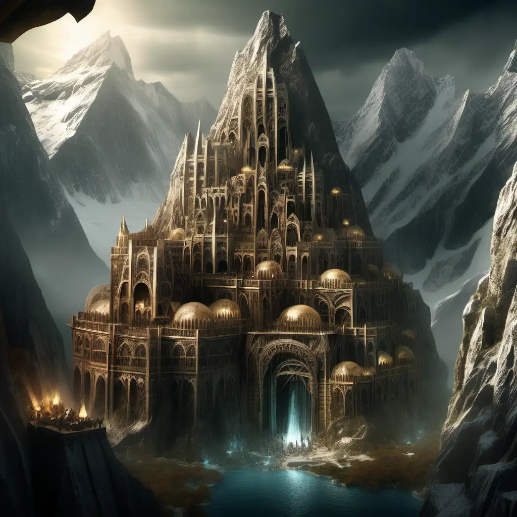 An image of a dwarven kingdom built inside a mountain like the one in the hobbit, in a detailed fantasy style