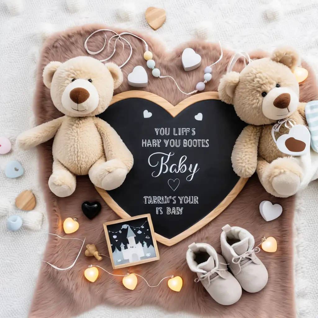 flat lay, soft blanket, heart shaped chalk board, child's teddy, wooden round disc, fluffy booties, pacifier, baby blocks, fairy lights