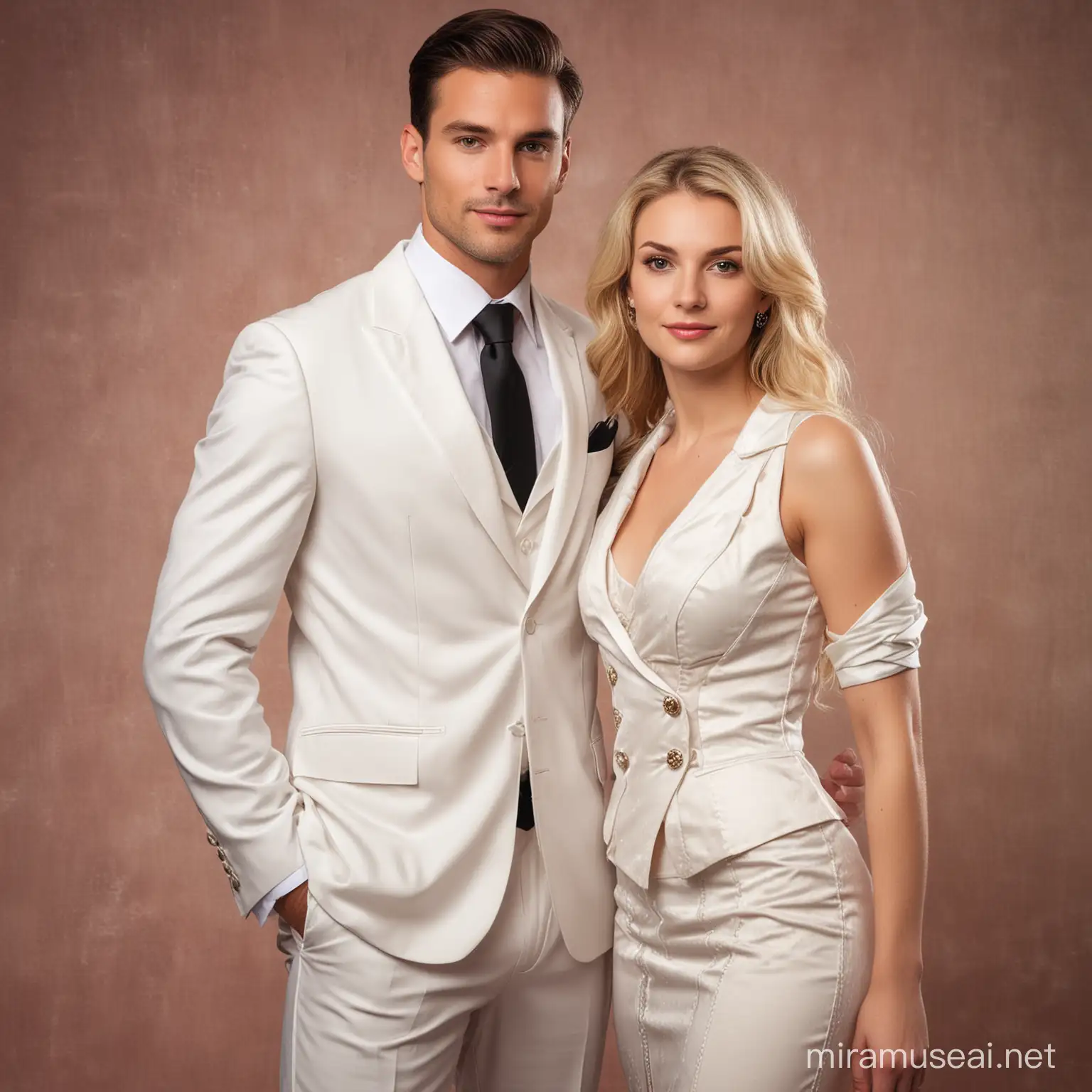 a beautiful white women dressed in a fancy dress holding a handsome white man dressed in suit. A rich theme as the background.