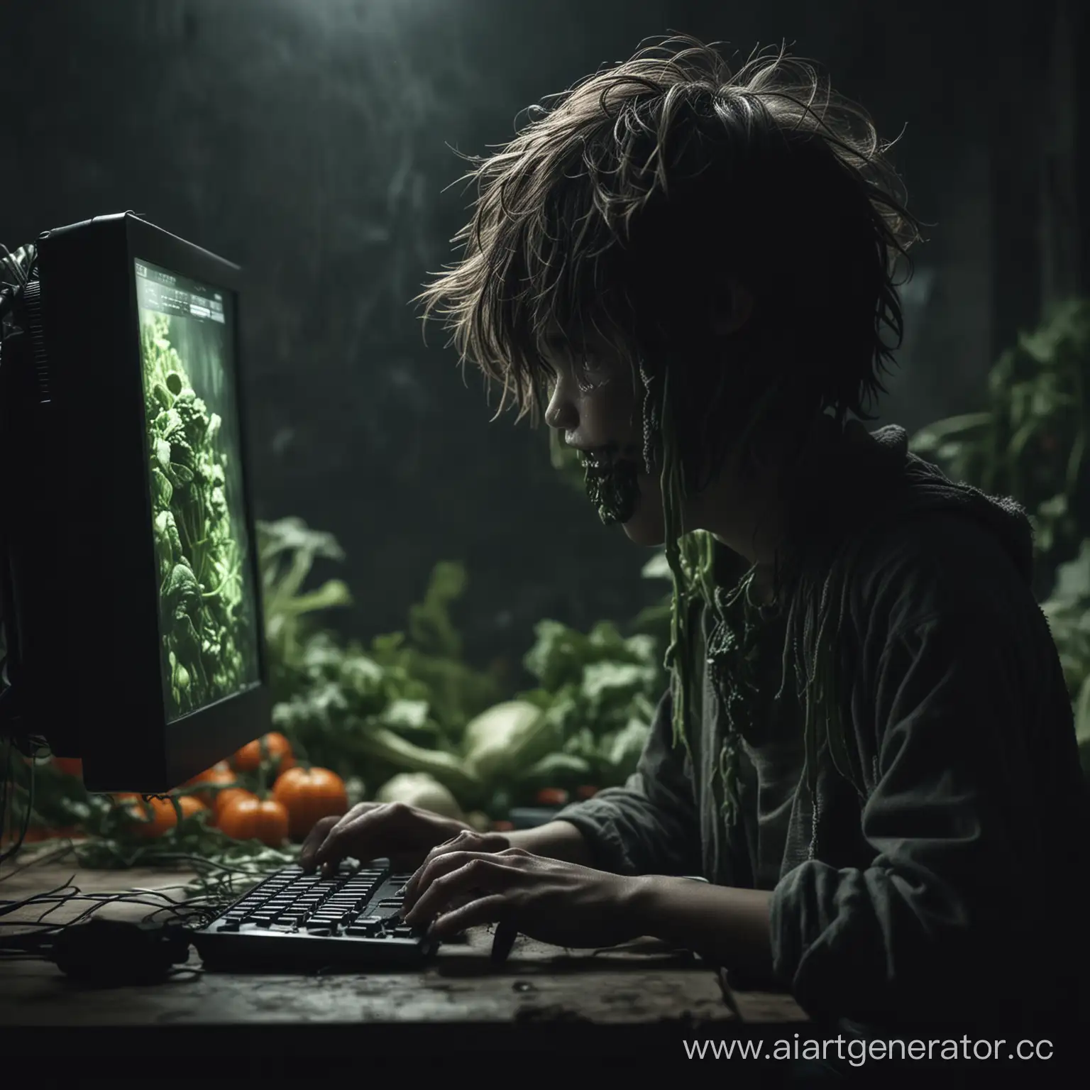 Страшная атмосфера, темно, мальчик сидит за компьютером и превращается в мутанта, он уже овощ