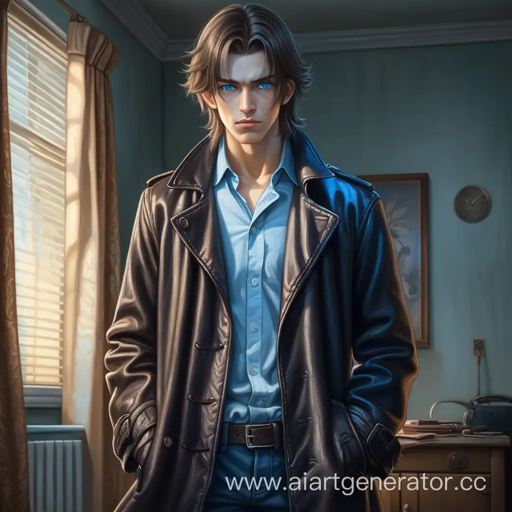 Мужчина стоит ровно, грозный взгляд, прическа шторы, голубые глаза, кожаное пальто, рубашка, нож в руке, молодой, подросток, средняя длина волос