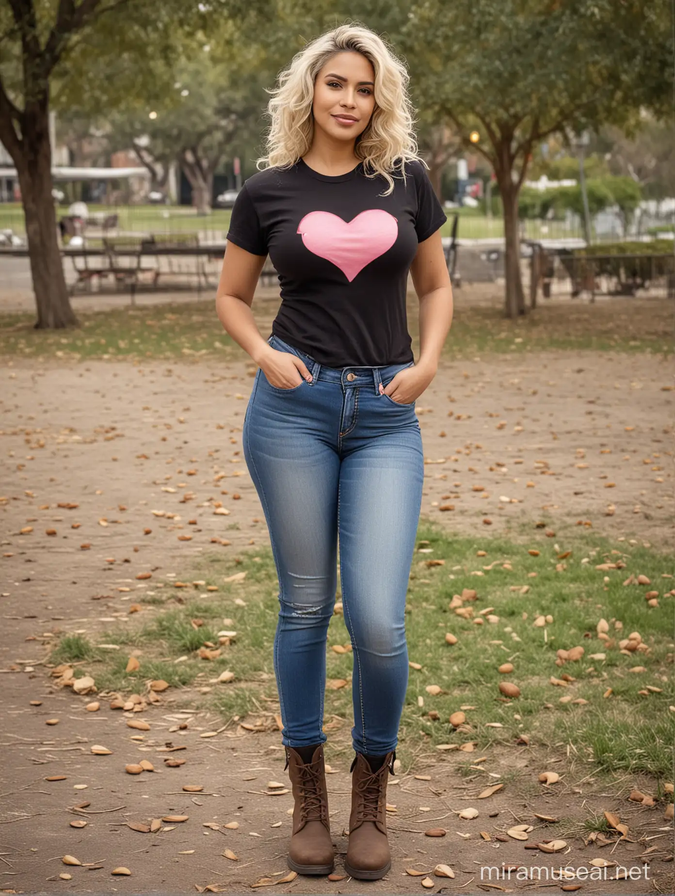 Full body picture, blond bleached wavy hair year 36 old short hispanic woman,thick bod, light toned  body,big breast,heart shaped face, almonds shaped 
brown eyes, wearing t shirt and jeans ankle goth boots ,at park 