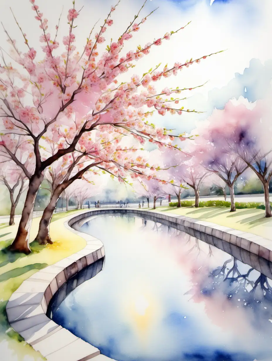 Summer Sunlight Illuminating Cherry Blossoms in Full Bloom Tranquil Park Watercolor