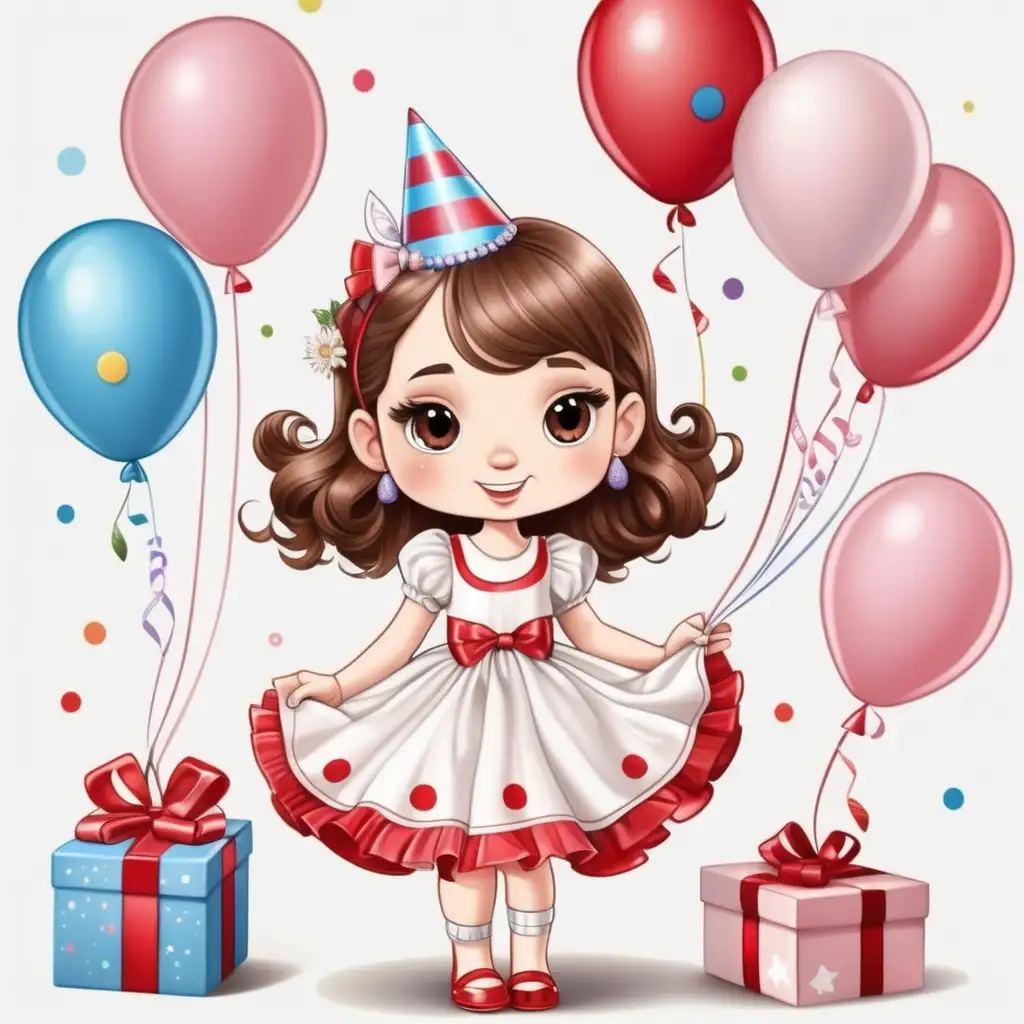 Charming English Girl Celebrating Birthday in a Beautiful Cartoon Dress