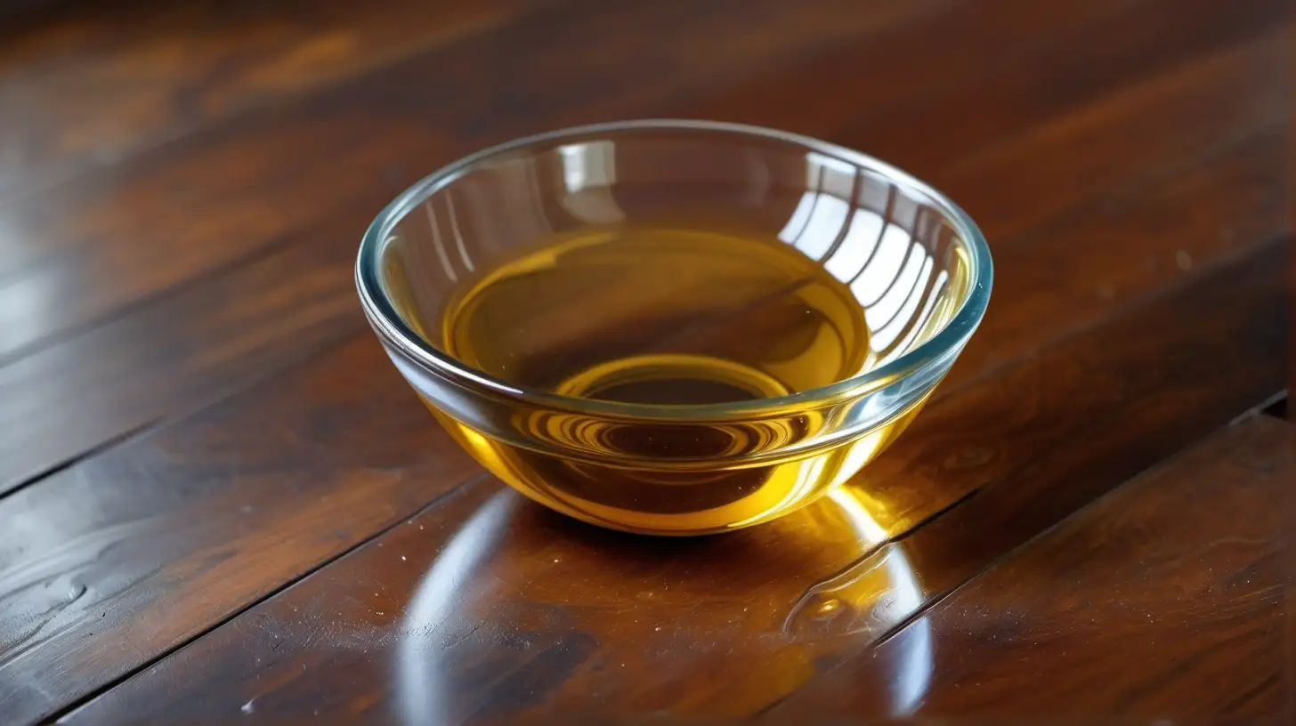 Glistening Glass Bowl with Luxurious Liquid Oil on Elegant Wood Flooring