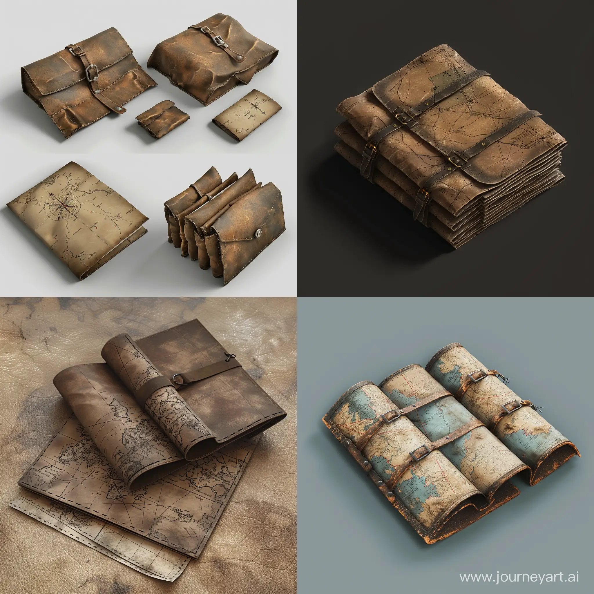 isometric military mapping cartographic set folded paper small thin mini long opened tactical old leather pouch folder, 3d render, stalker style