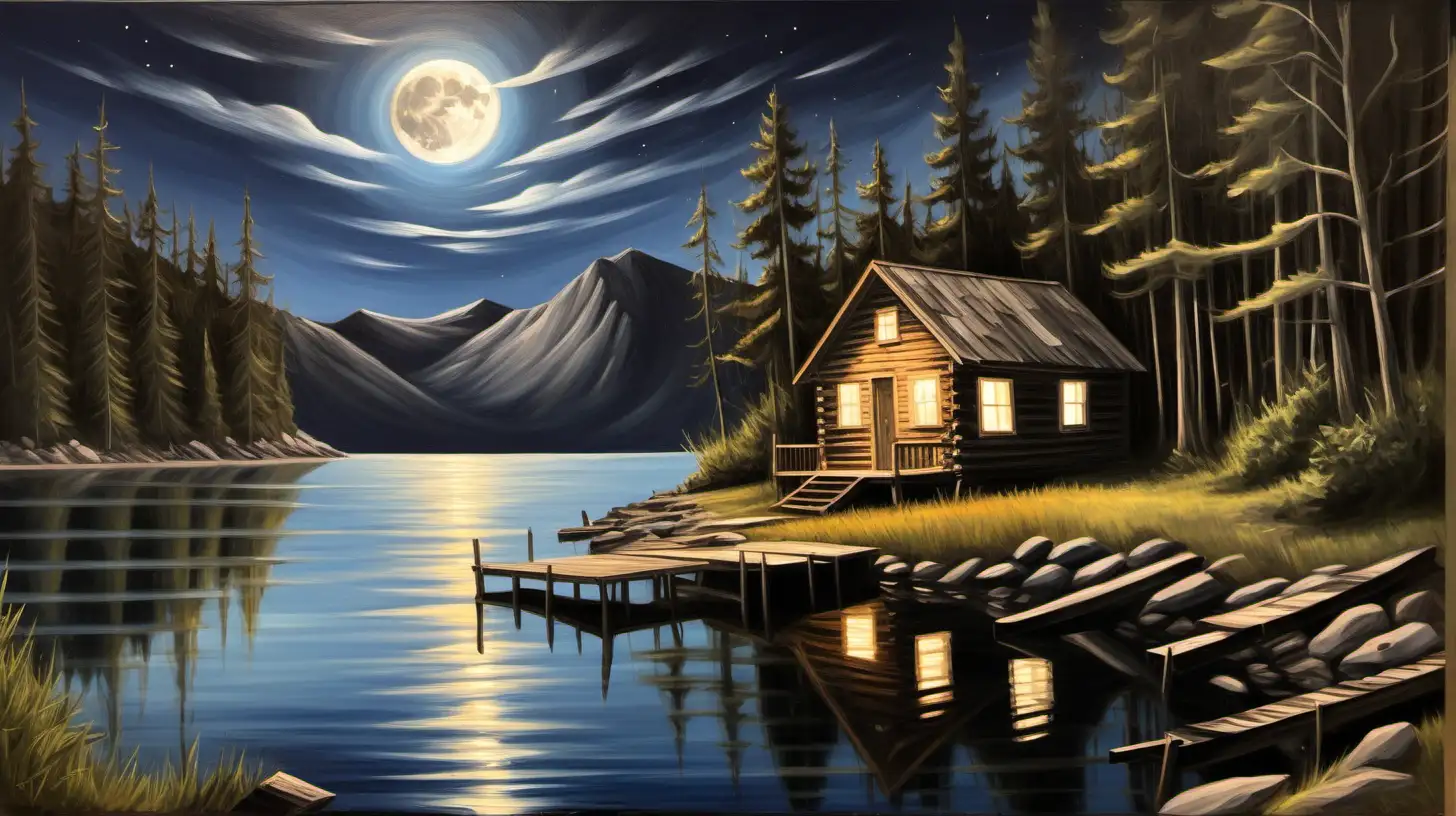 Moonlit Serenity Old Cabin by Weedy Bay with Campfire Glow