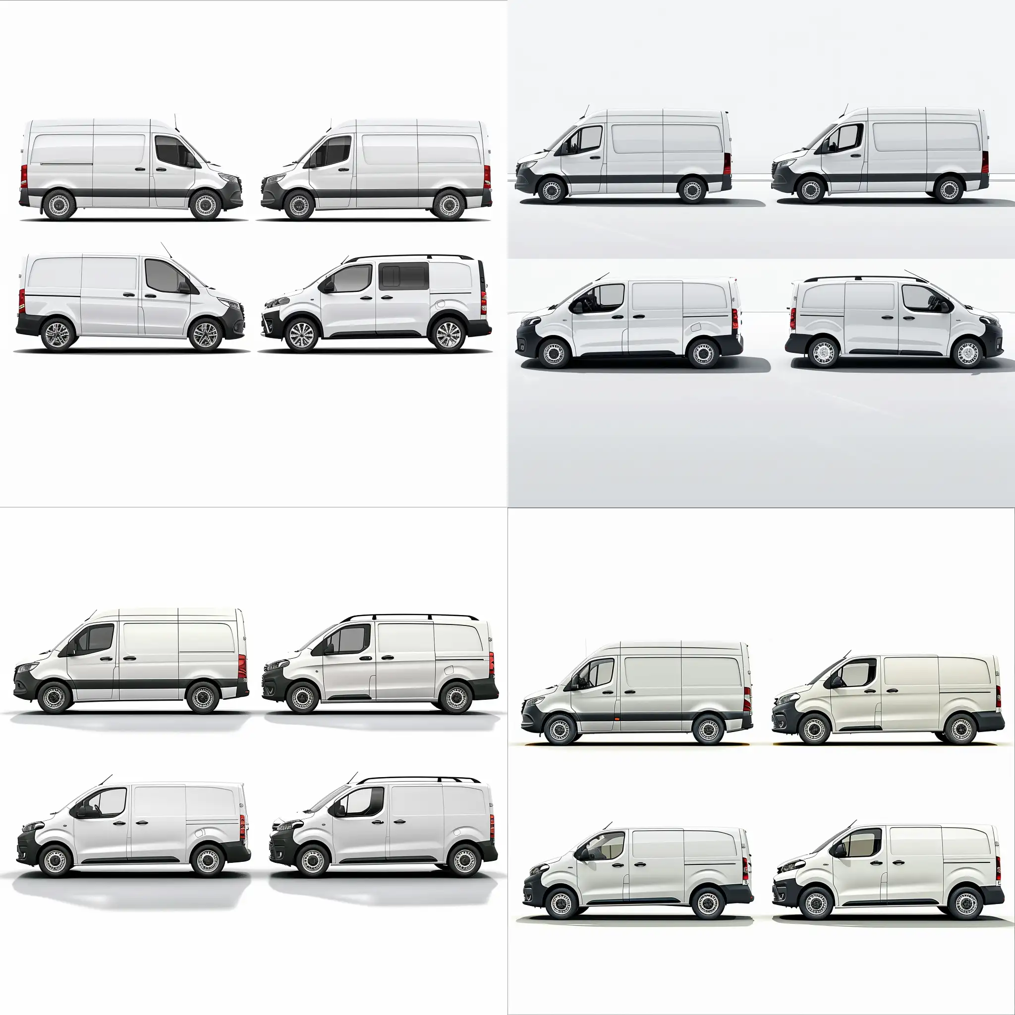 Make a picture of 4 different cars seen from the side. All cars must be white. The background must be white. There must be natural shade under the cars. The cars must be a Mercedes Sprinter, Mercedes Vito, Toyota Proace and a Toyota RAV Hybrid