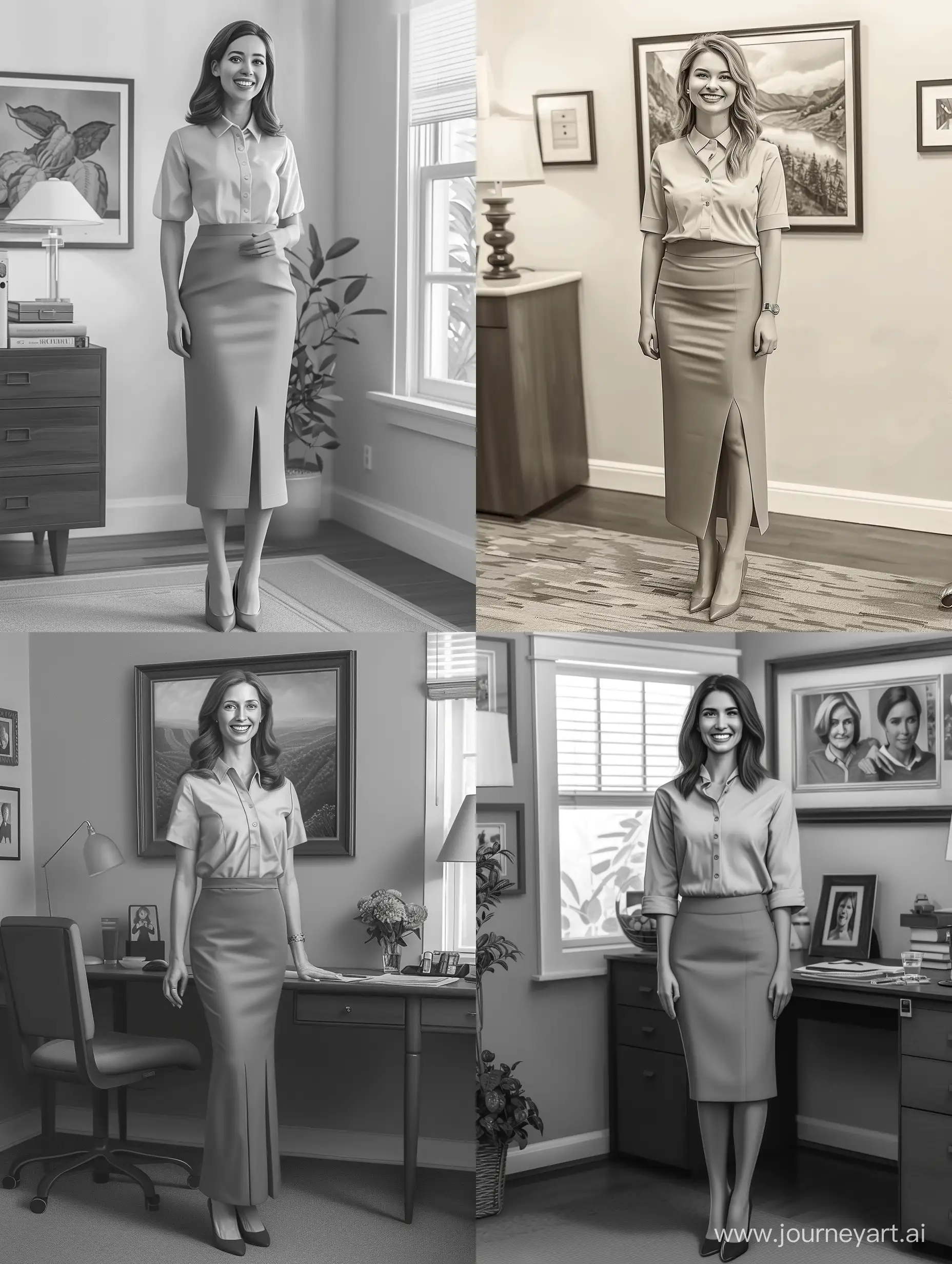 a female psychologist is standing in her office, she is smiling, she is about 40 years old, average height and weight, she is wearing a blouse and a long pencil skirt in the style of photorealism
