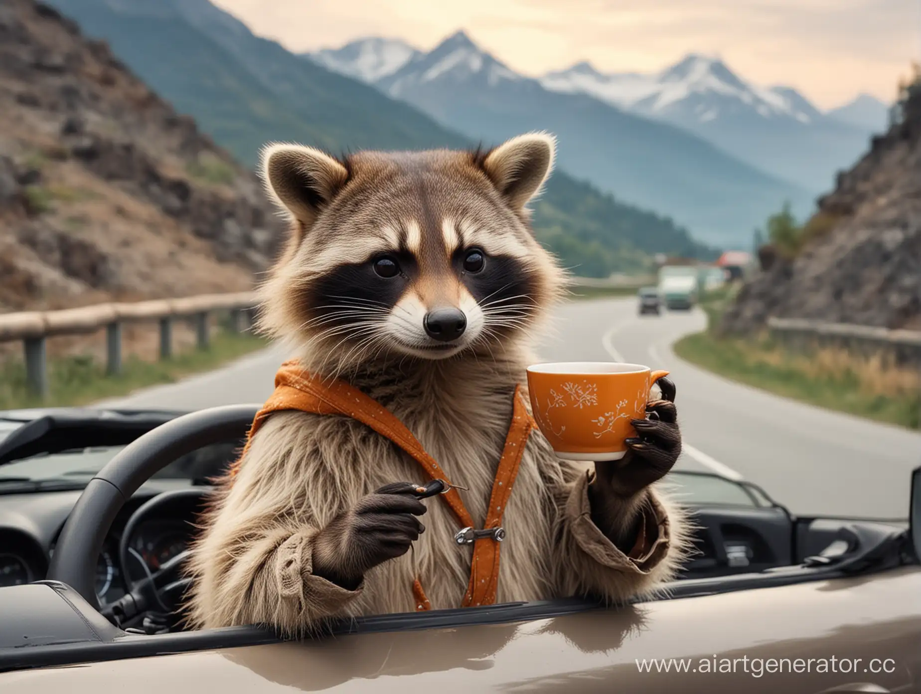 енот в костюме сидит за рулем автомобиля с чашкой чая в руке. на фоне горной дороги