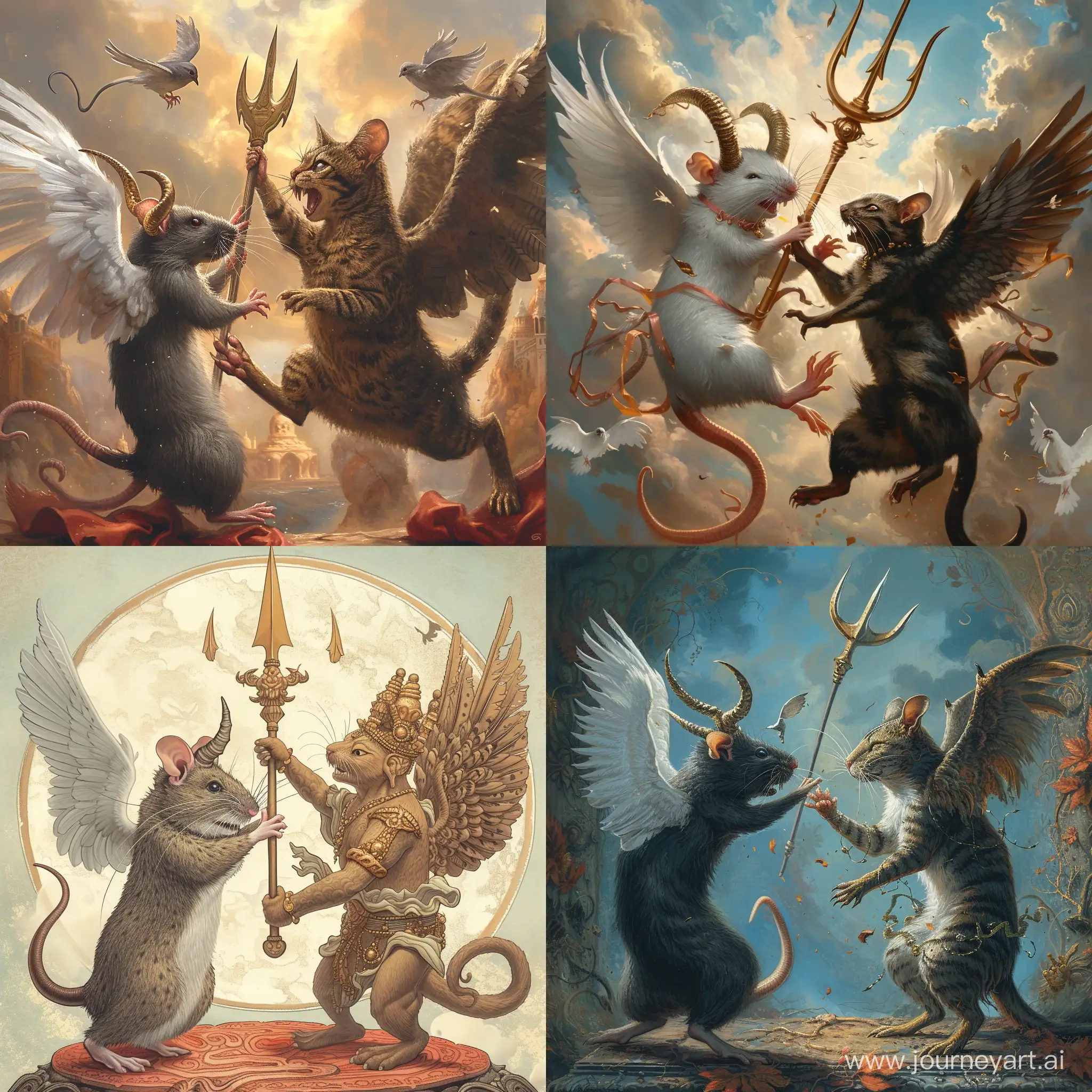 a rat with horns, dove wings and a trident in his hands, fights with the cat Buddha, who understood the tao and is the crown of creation of the universe