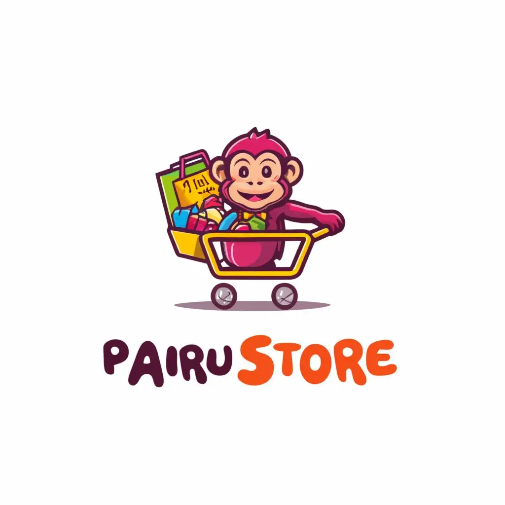 a logo design,with the text "pairu store", main symbol:monkey shopping cart,complex,be used in Retail industry,clear background