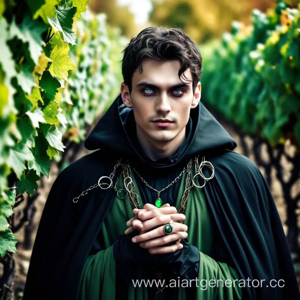 Mysterious-Young-Man-in-Dark-Cloak-with-Green-Stone-and-Rings-Surrounded-by-Grapevines