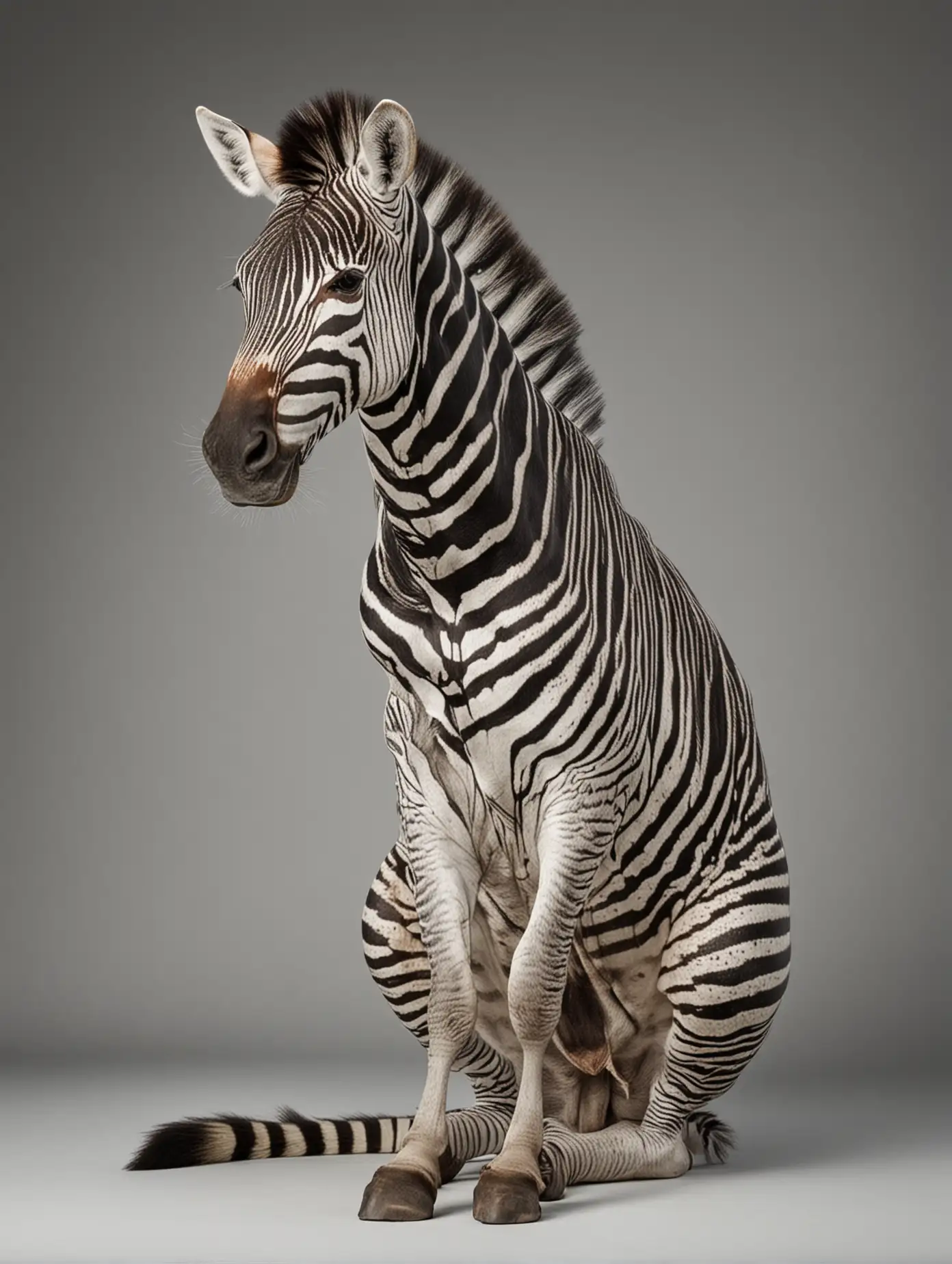 Full body studio photo of zebra sitting, angled view
